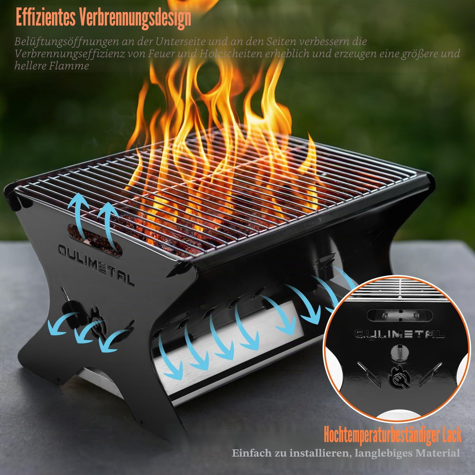 QuliMetal Tragbarer Campinggrill Klappbarer Holz-/Gasgrill mit Tasche | Schwerer Grill & Feuerstelle für Outdoor, Camping, Partys, Terrasse & Garten