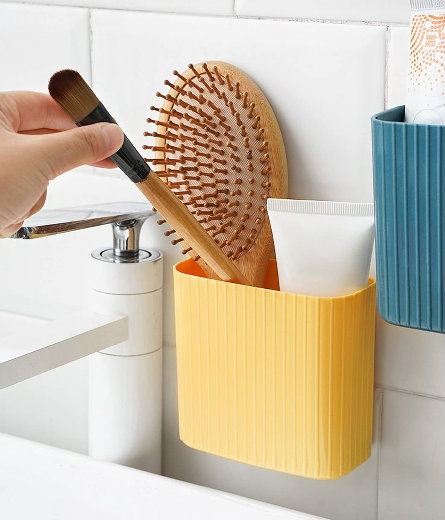 Wolpin Toothbrush Holder 1 Pc | Plastic Stand with Self Adhesive Back for Toothpaste Comb Brush Lotion Kids Bathroom Organizer Cup Drain Yellow