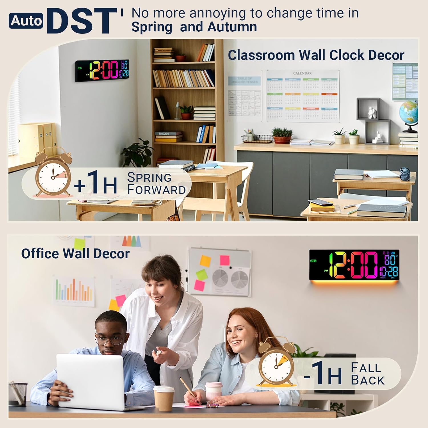 16.5" Large Digital Wall Clock with Remote Control, Auto-Dimming LED Display with Date Temp, Big Number Wall Mount Decor Clock for Seniors, Classroom, Dorm, Home, Office, Gym Colorful