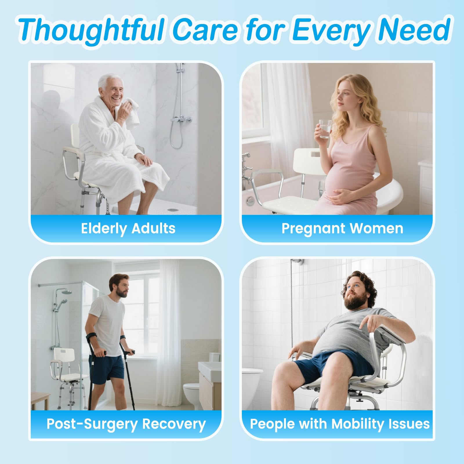 Silla de ducha de 360 grados para ducha interior con brazos y respaldo, asiento de baño de seguridad ajustable en altura, taburete de ducha resistente para ancianos, discapacitados y discapacitados