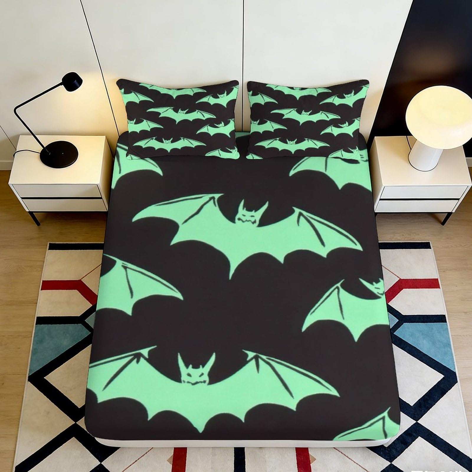 Pnayamiorkfel Style-2 3D Printed Glow Bat Pattern Fitted Sheet Microfiber Soft Mattress Cover Bedroom Decoration Dorm Use 90X200x25cm