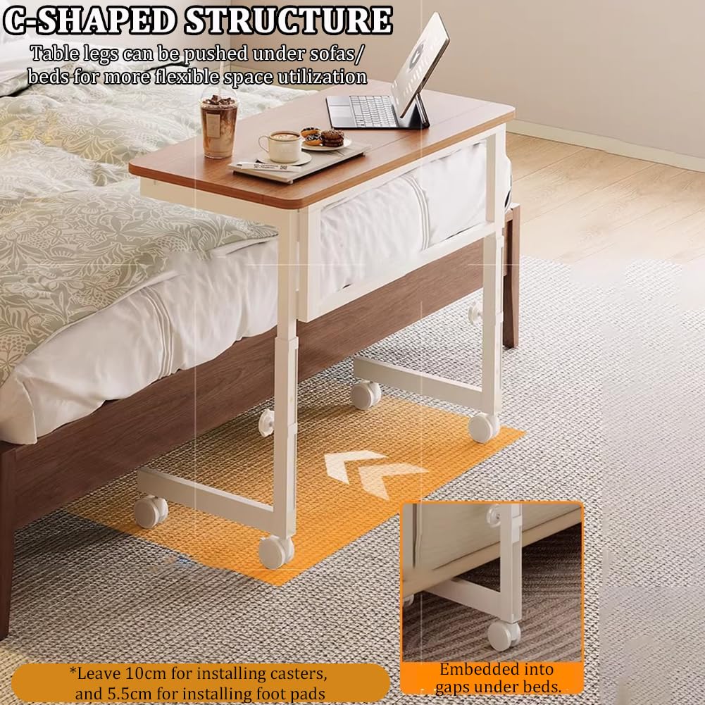 Tavolo Pieghevole A Forma Di C in Legno Massello Con Ruote Omnidirezionali A 360°, Comodino Medico Regolabile, Tavolino Accessibile in Sedia A Rotelle Per Disabili/Anziani,B is 80cm long