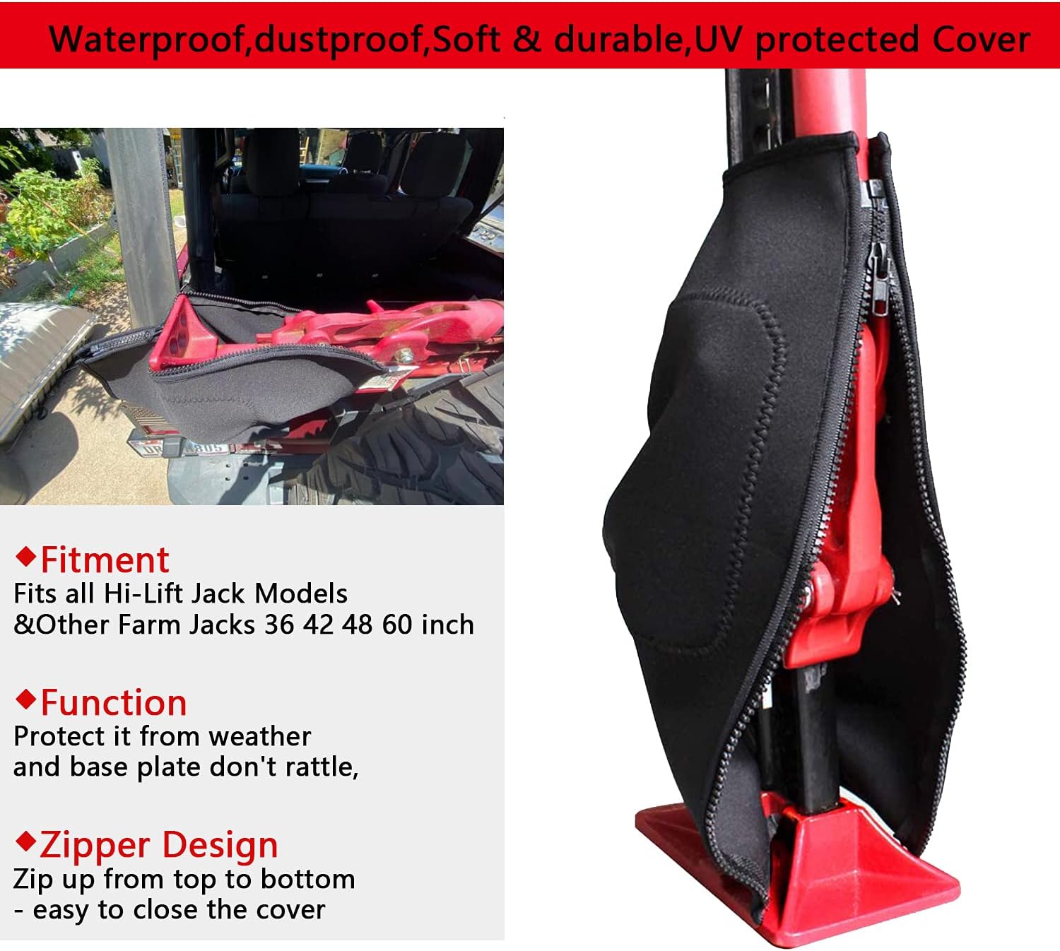 Jack Cover Fits Hi-Lift & Farm Jacks 36-60 Inch, UV Protected Zipper, Neoprene, 4600 Lbs Load Capacity, Truck & Off-Road Vehicles