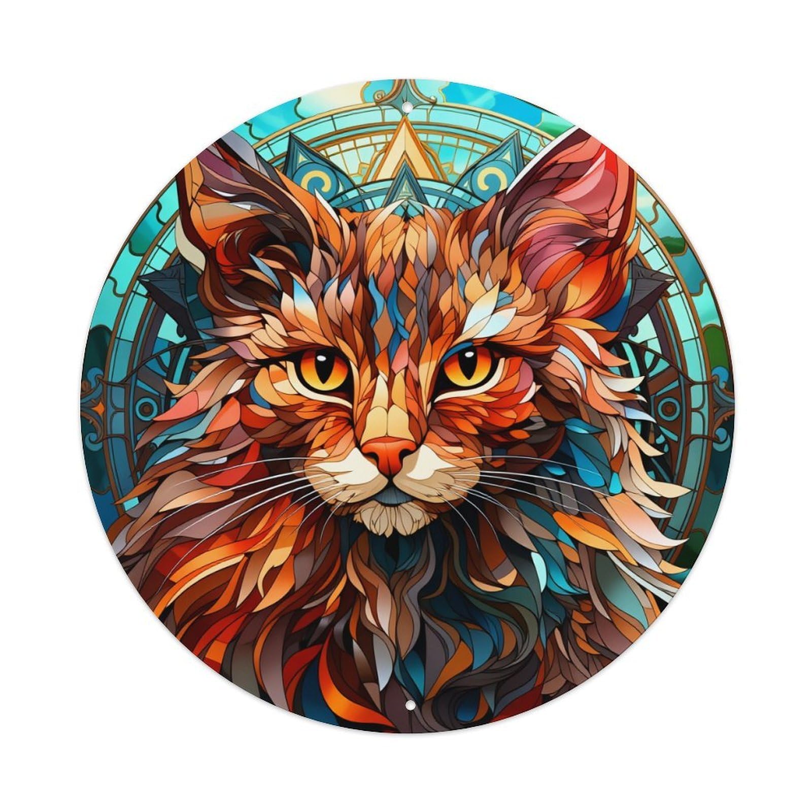 Stained Glass Cat Portrait Art_1 Round Tin Sign Vintage Metal Sign Home Bar Garden Indoor & Outdoor Wall Decor Retro Metal Poster 8x8 Inch