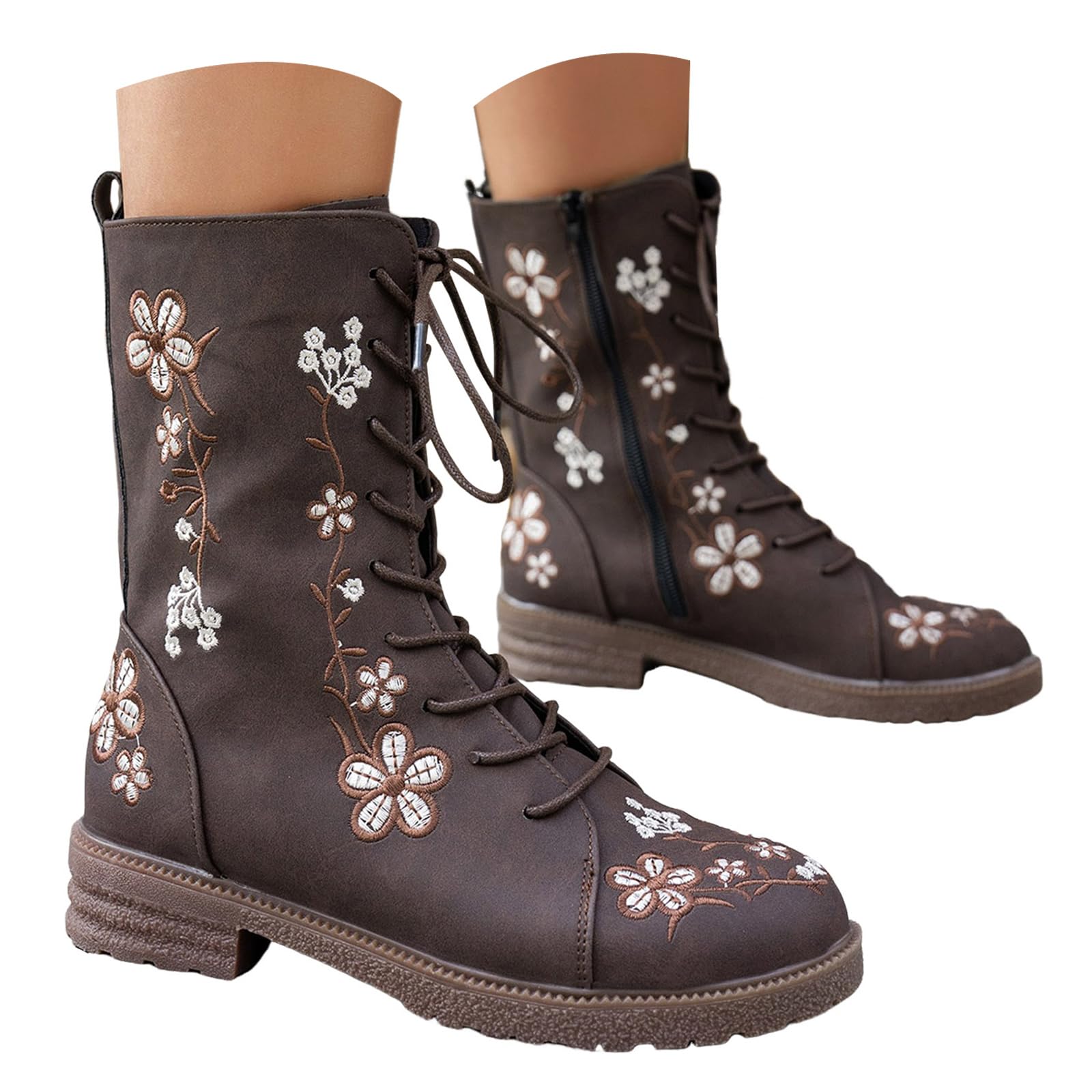ZSpzx Women Mid Calf Combat Boots Colorful Floral Embroidery Leather Lace Up Chunky Block Low Heel Platforms Round