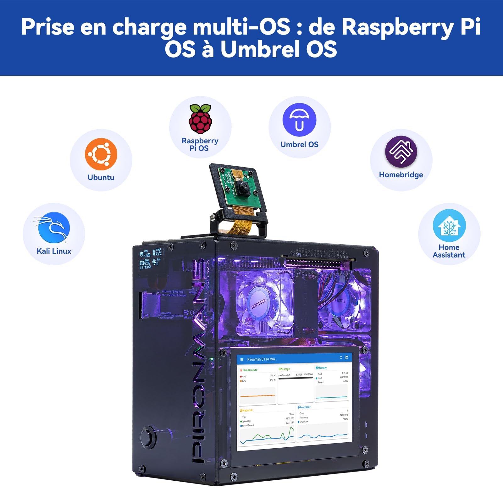 Pironman 5 Pro Max boîtier Mini PC avec écran tactile 4,3" pour Raspberry Pi 5, agent IA OpenClaw, double NVMe RAID 0/1 NAS, caméra, micro, audio, M.2 Hailo8, LLMs ChatGPT/Gemini (RPI5 non inclus)