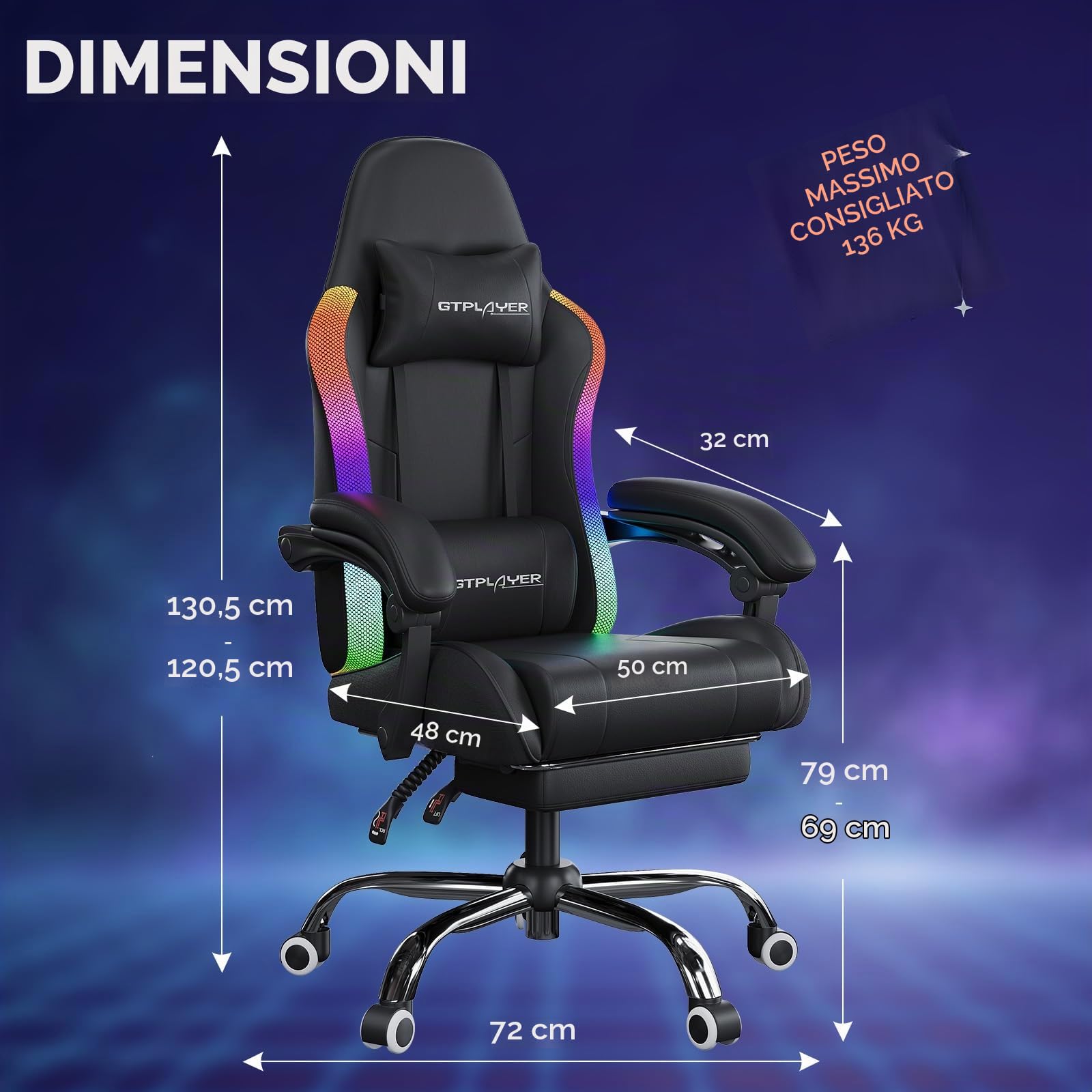 GTPLAYER Sedia da gaming, da ufficio, con barra luminosa a LED e funzione di massaggio, schienale con custodia, ergonomica, per PC con telecomando