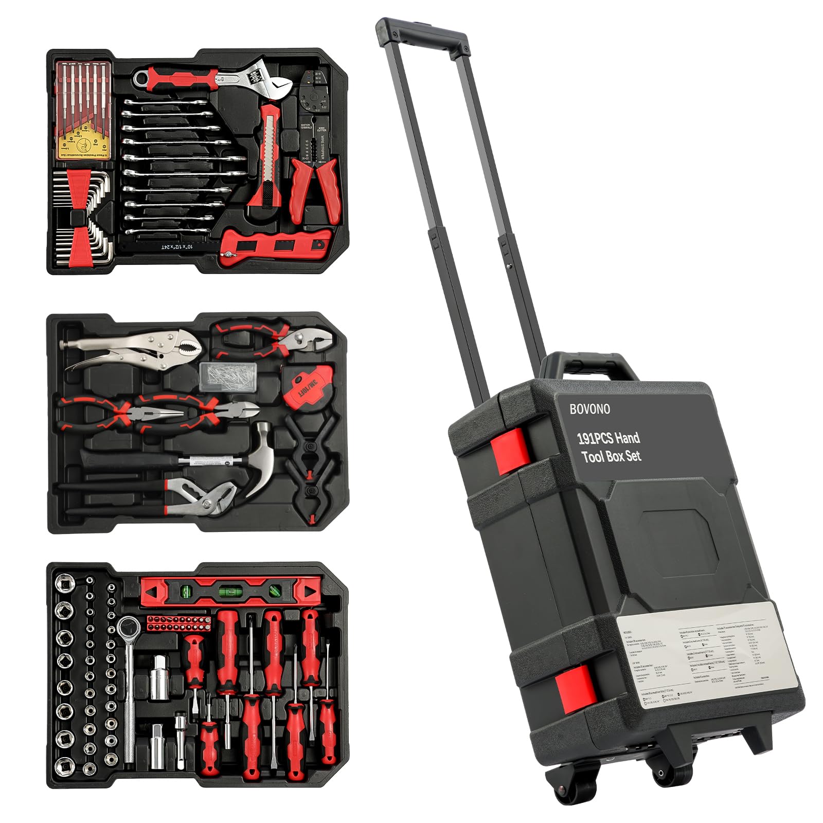 191-Piece Portable Mechanic Hand Tool Set with Rolling Plastic Trolley Case