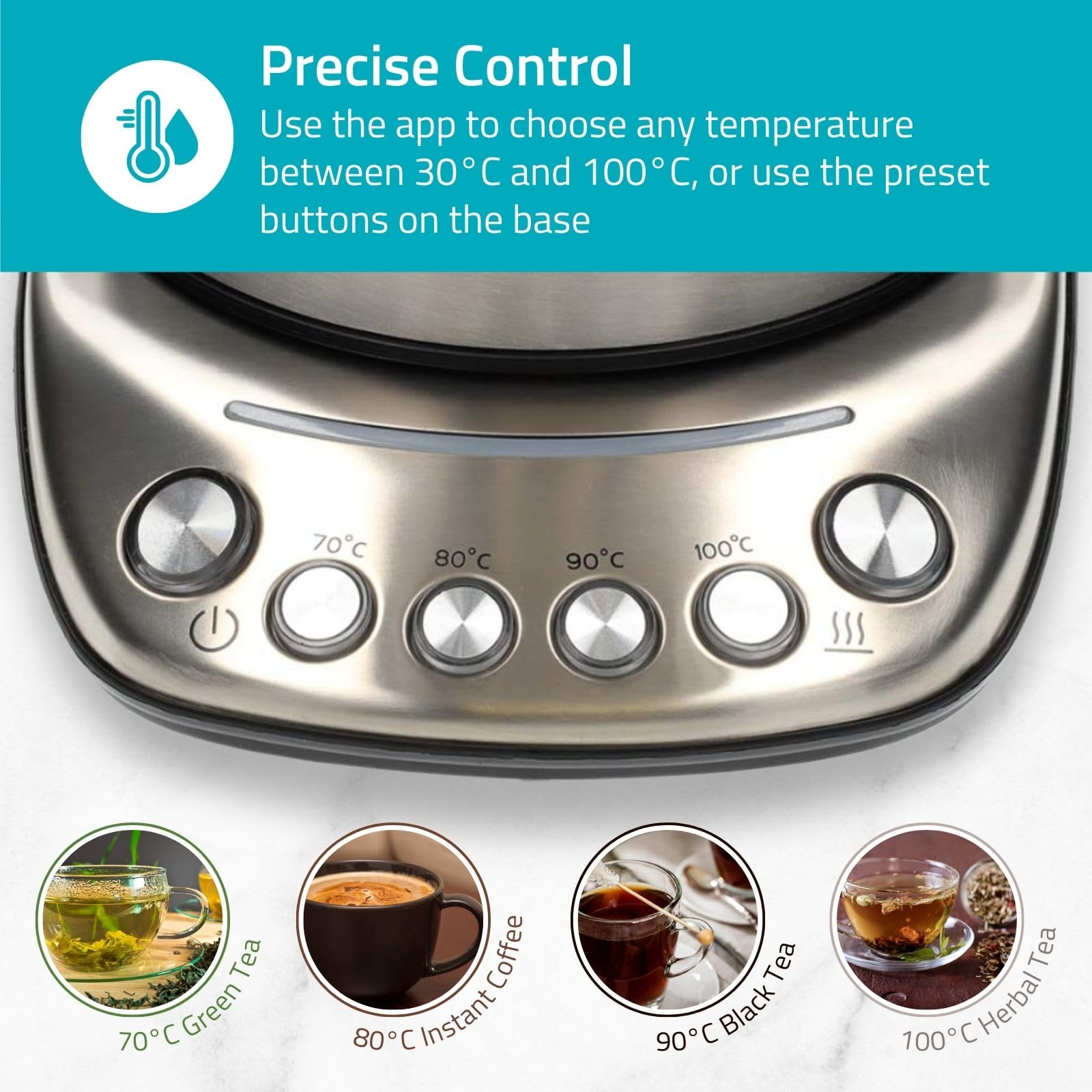 Nedis KAWK8000WIFI Bouilloire Intelligente Wi-Fi 1,7 L – Température Réglable 70/80/90/100 °C – Affichage Température – Base Pivotante 360° – Inox