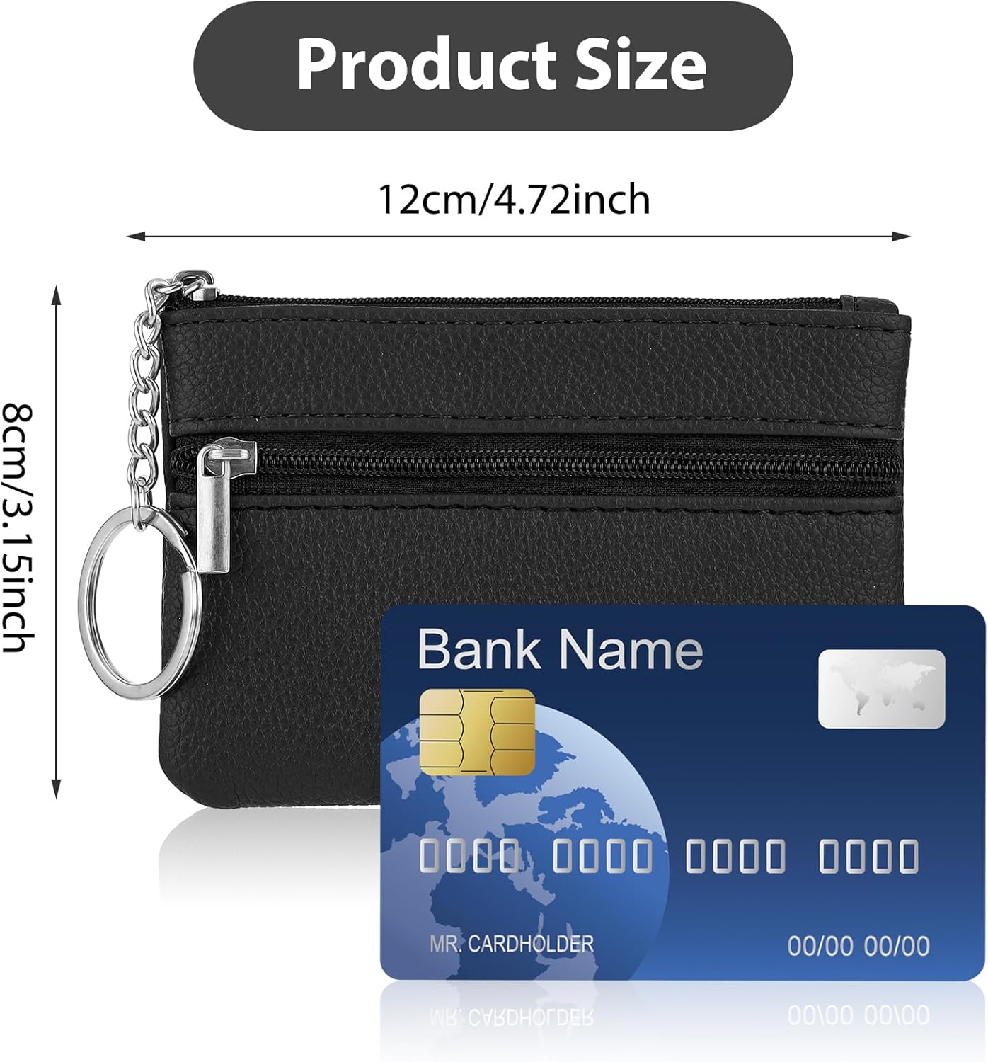 Genuine Leather Wallet Mini Coin Purse with Double Zipper Key Ring for Men and Women Portable Change Pocket and Card Holder (Black)