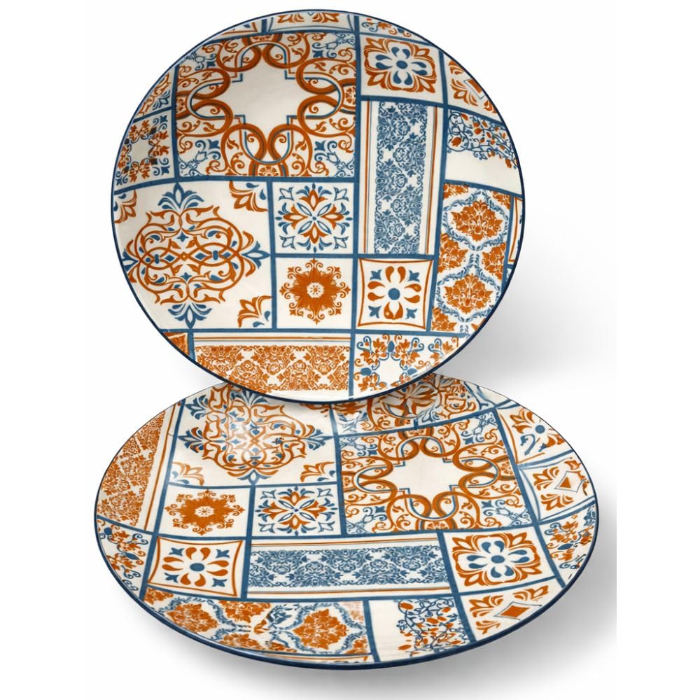Servizio Piatti 12 Pezzi in Ceramica – Linea Maiolica Azzurra e Arancio –– Set Tavola Elegante e Resistente
