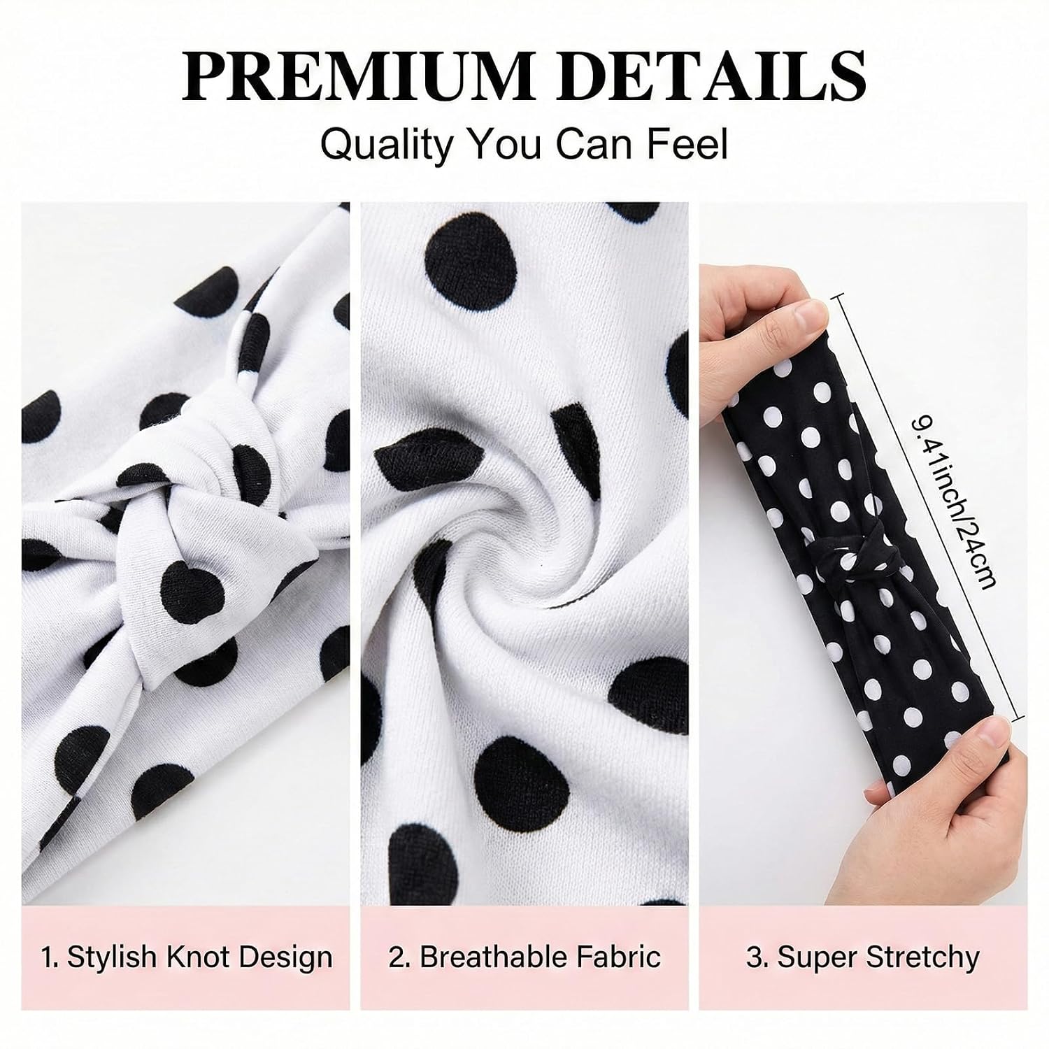 Polka Dot Headband, Set of 4, Hair Bands for Women in 4 Colours (Black, White, Grey, Pink), Wide Knotted Headbands for Sports and Leisure image 3