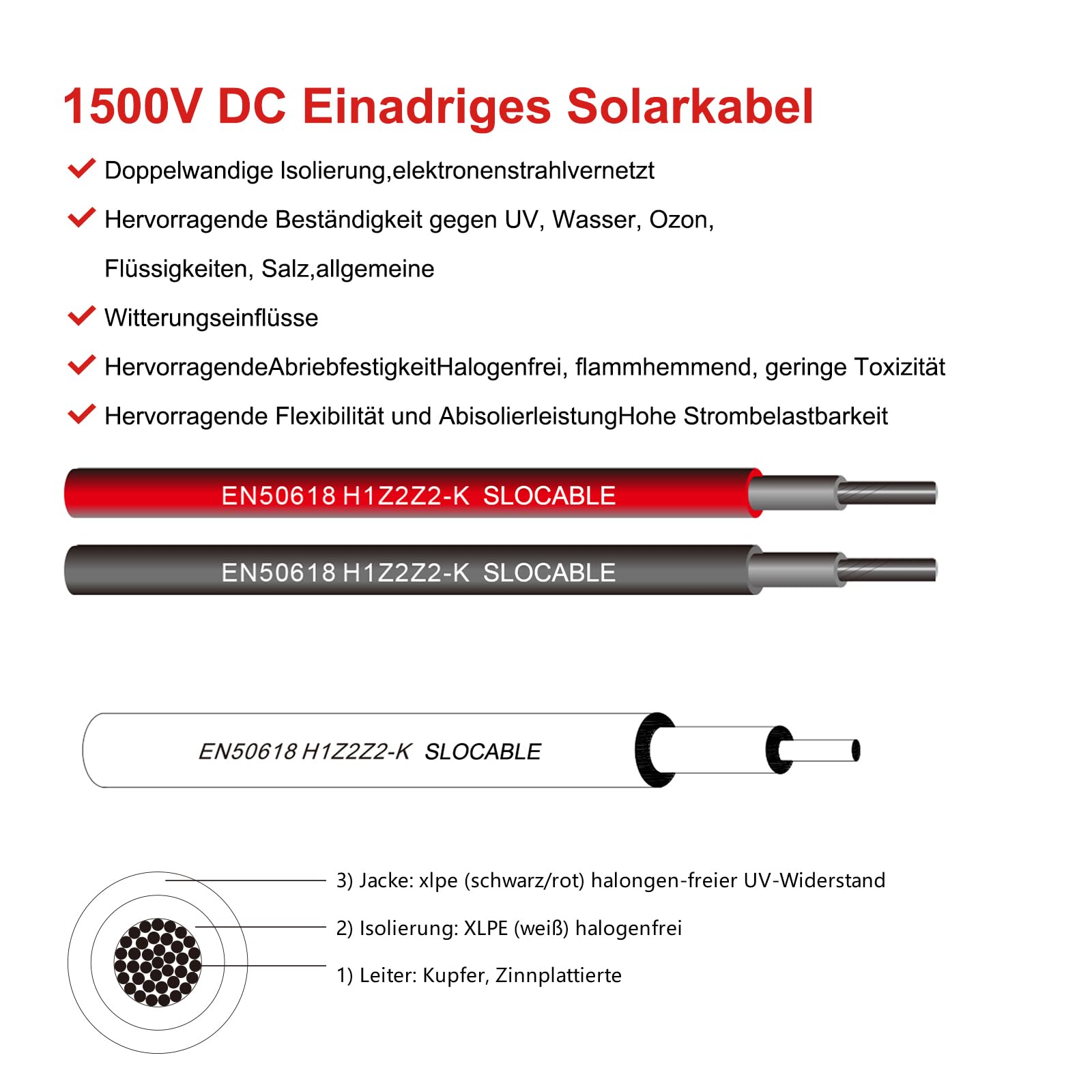 Cavo solare da 6 mm2, 10 m, 10 AWG, 1500 V, con connettore impermeabile IP68 femmina e spina (10 m)
