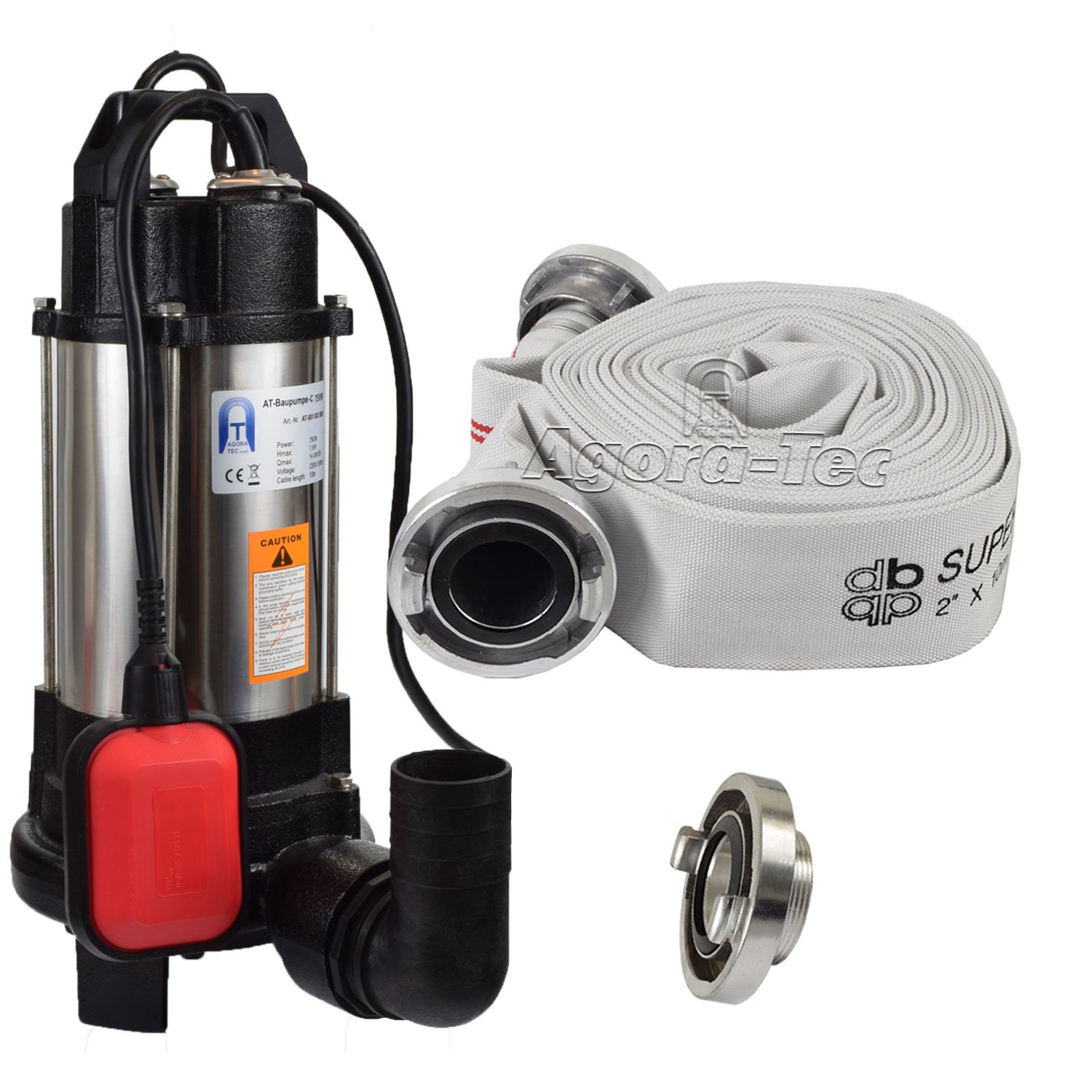 Agora-Tec Tauchpumpe 750W für Schmutzwasser/Fäkalien. Max. 14.000 l/h, 0,75 bar. Mit Schwimmerschalter, C-STORTZ Kupplung, Schneidwerk und 10m C-Schlauch.