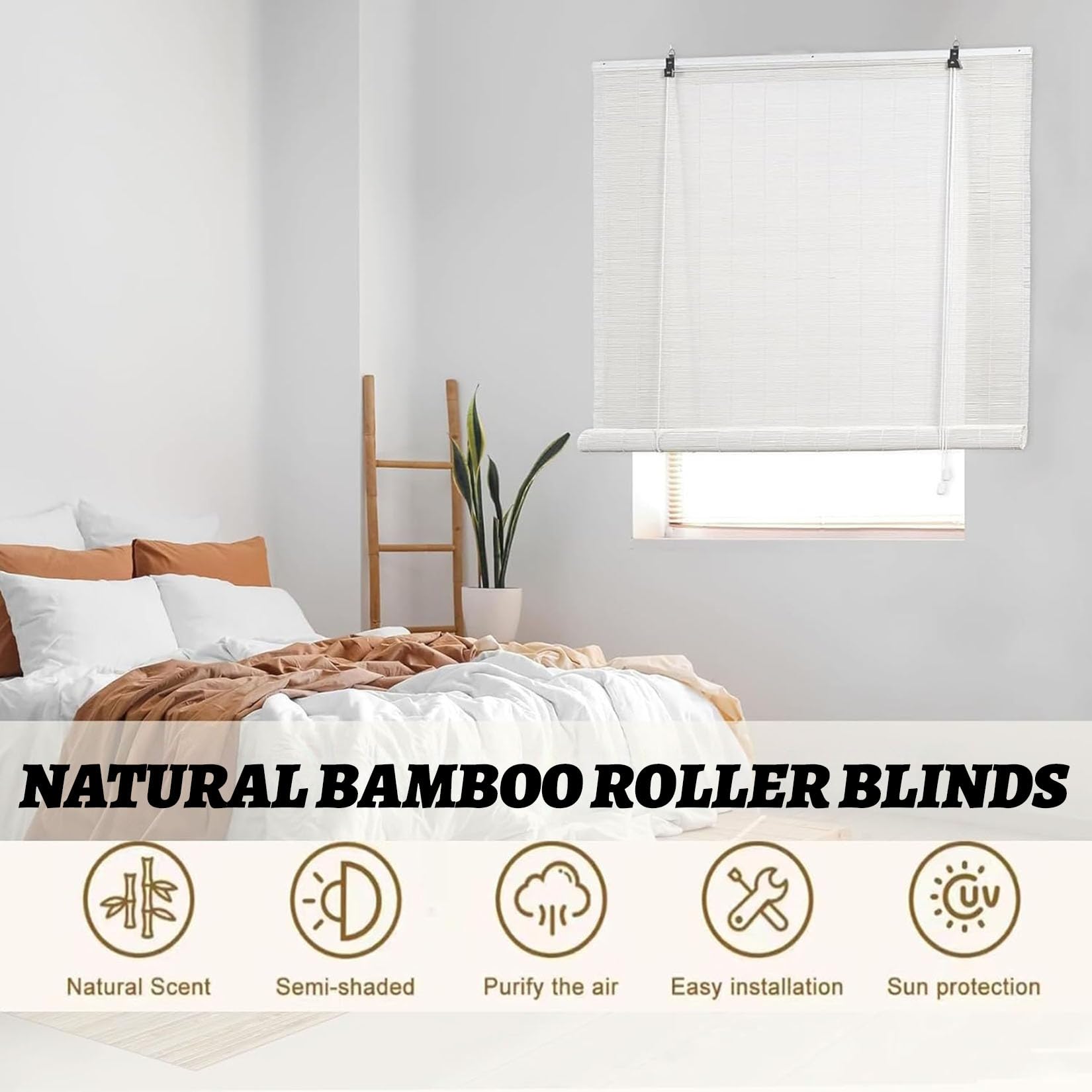 130X250cm Store Enrouleur Bambou Naturel Blanc Store Occultant Vue Occultant Tamisant Pare-Soleil,et Anti-UV Stores À Rouleaux Romains Protection Solaire,pour Chambre,Cuisine,Terrasse
