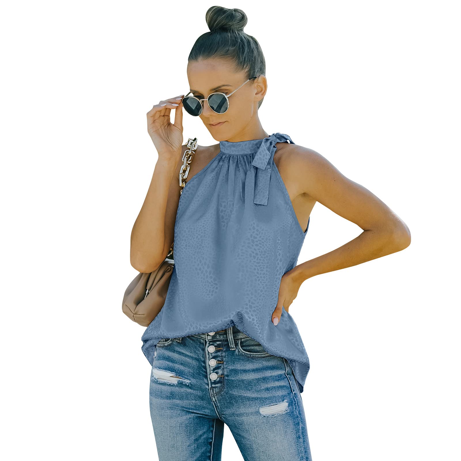 Yumenam Blusa de verano con cuello halter para mujer, elegante, suave, sin mangas, plisada, estampado de leopardo, camisetas sin mangas