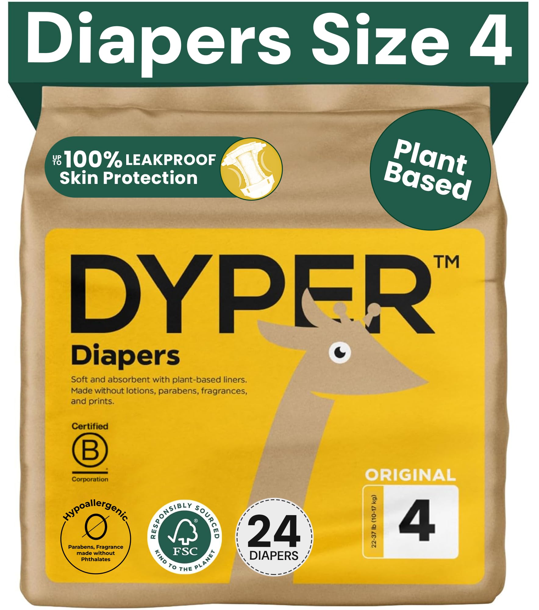 DYPER - Baby Diapers Hypoallergenic Cloth Alternative Day & Overnight Protection - Made with Plant-Based* & Skin-Friendly Ingredients - Size 4 (24 Count)
