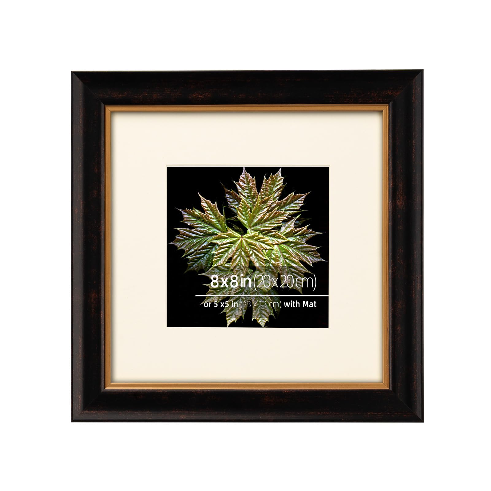 Eitida 8x8 Brown Vintage Neutral Picture Frame, Hand Painted Solid Wood Profile and Antique Metallic Gold Foil Border, Creamy Museum Archival Matted