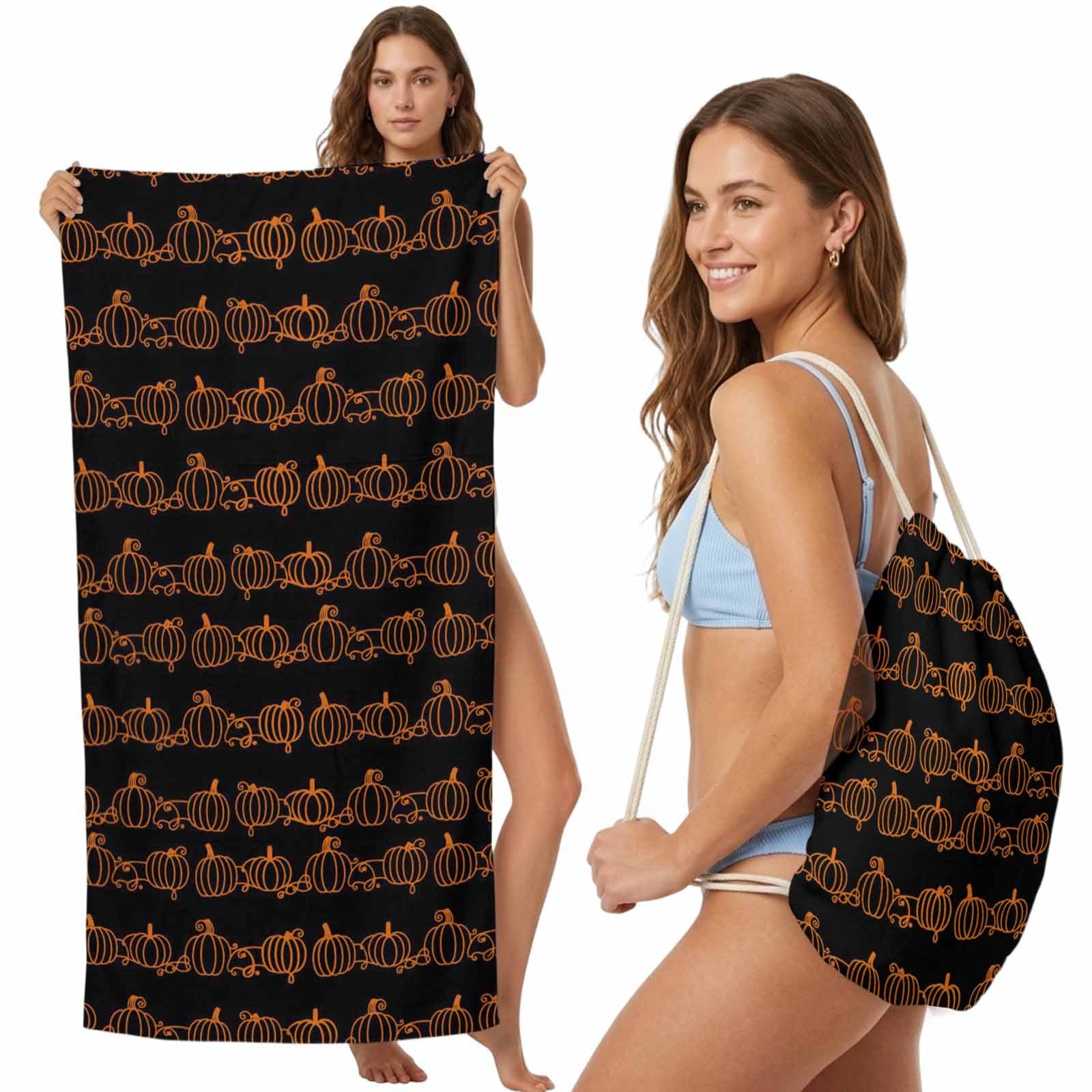 2-in-1 Beach Towel Backpack,Retro Thanksgiving Pumpkin Leaf Bath Towel with Built-in Storage Abstract Pumpkins on Black Convertible Foldable Beach Blanket for Travel Pool Gym Camping Swim,31x63in
