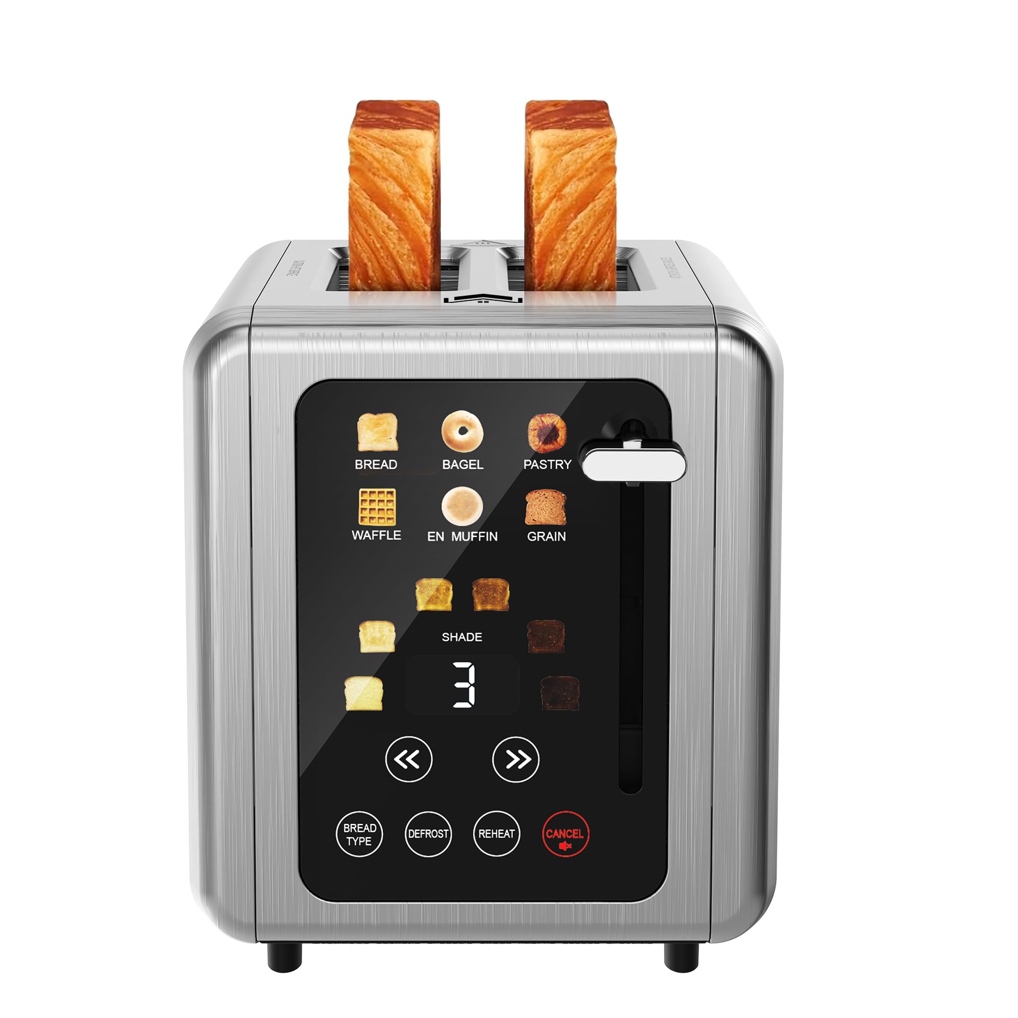 WUNLY Smart Digital 2 Slice Toaster with Touch Screen, 1.5'' Extra Wide Slots for Bagel, Digital Countdown &amp; Sound Control, 6 Bread Types &amp; 6 Shade Settings, Defrost/Reheat/Standby, Titanium