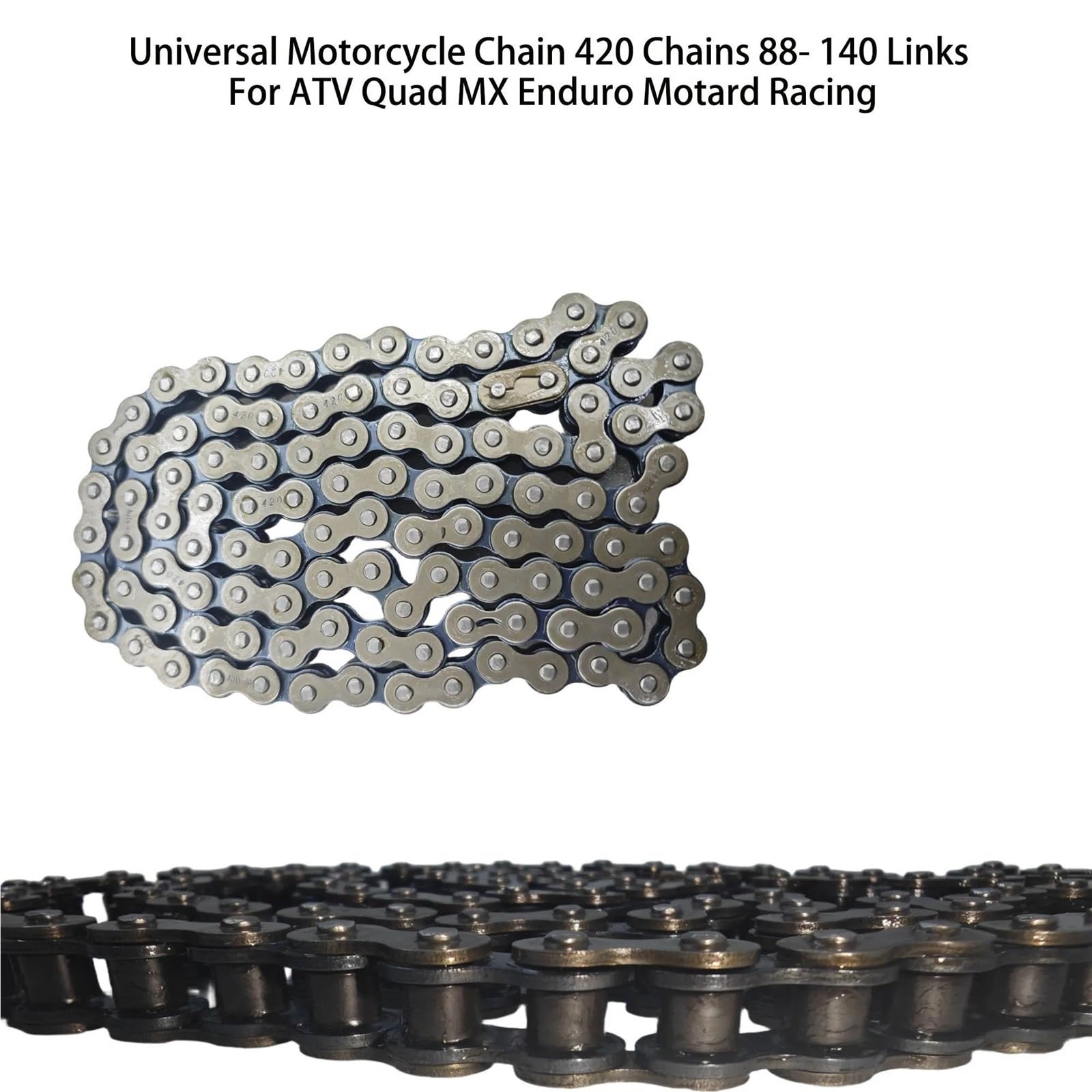Cadenas de conducción Cadena universal 420 eslabones, 88-140, apta para ATV, quad, MX, enduro, motociclismo y carreras. Cadena Moto(420-108L)
