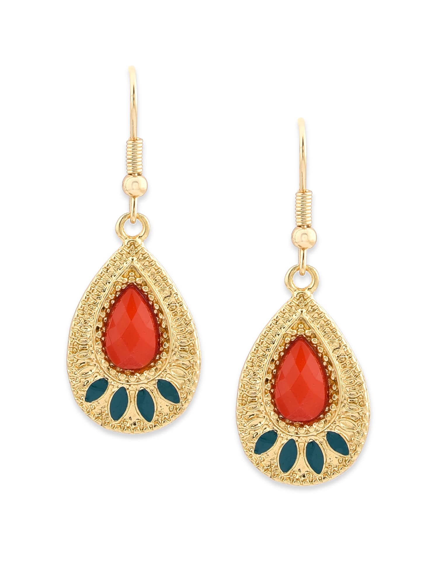 toniQClassy Gold & Maroon Stone Embellished Teardrop Earrings For Women and Girls