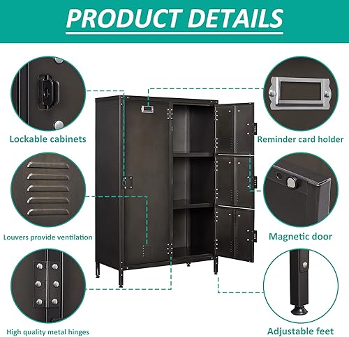 Miniatura 5 de SISESOL Armario de almacenamiento de metal, casilleros vintage, armarios de armario retro con bloqueo para empleados, armario de 4 puertas con barra