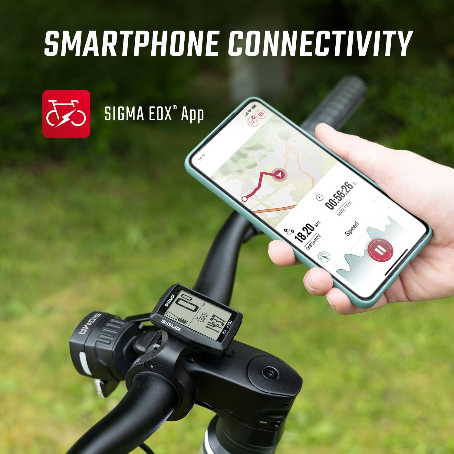 SIGMA EOX View 700 | ciclocomputador para e-Bike Incl. Over CLAMP Butler | ciclocomputador Impermeable para e-Bike | Compatible con la aplicación Gratuita EOX