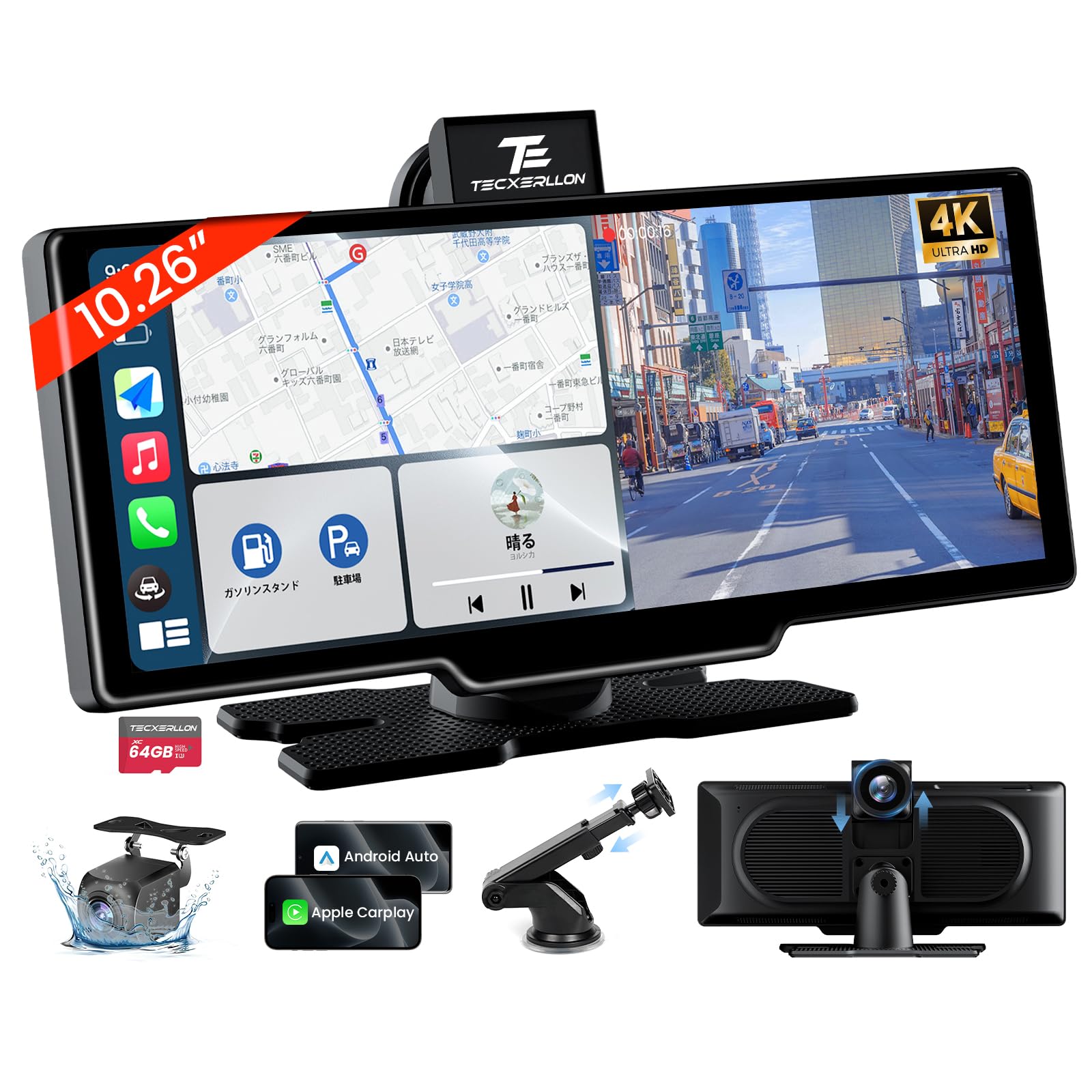 TECXERLLON 10.26-Inch Display Audio, Equipped with 4K Front Camera & 1080P Rear Camera, CarPlay/Android Auto, Touch Screen, Navigation, Music & Voice Control, WiFi/Bluetooth/AUX/FM, No Construction