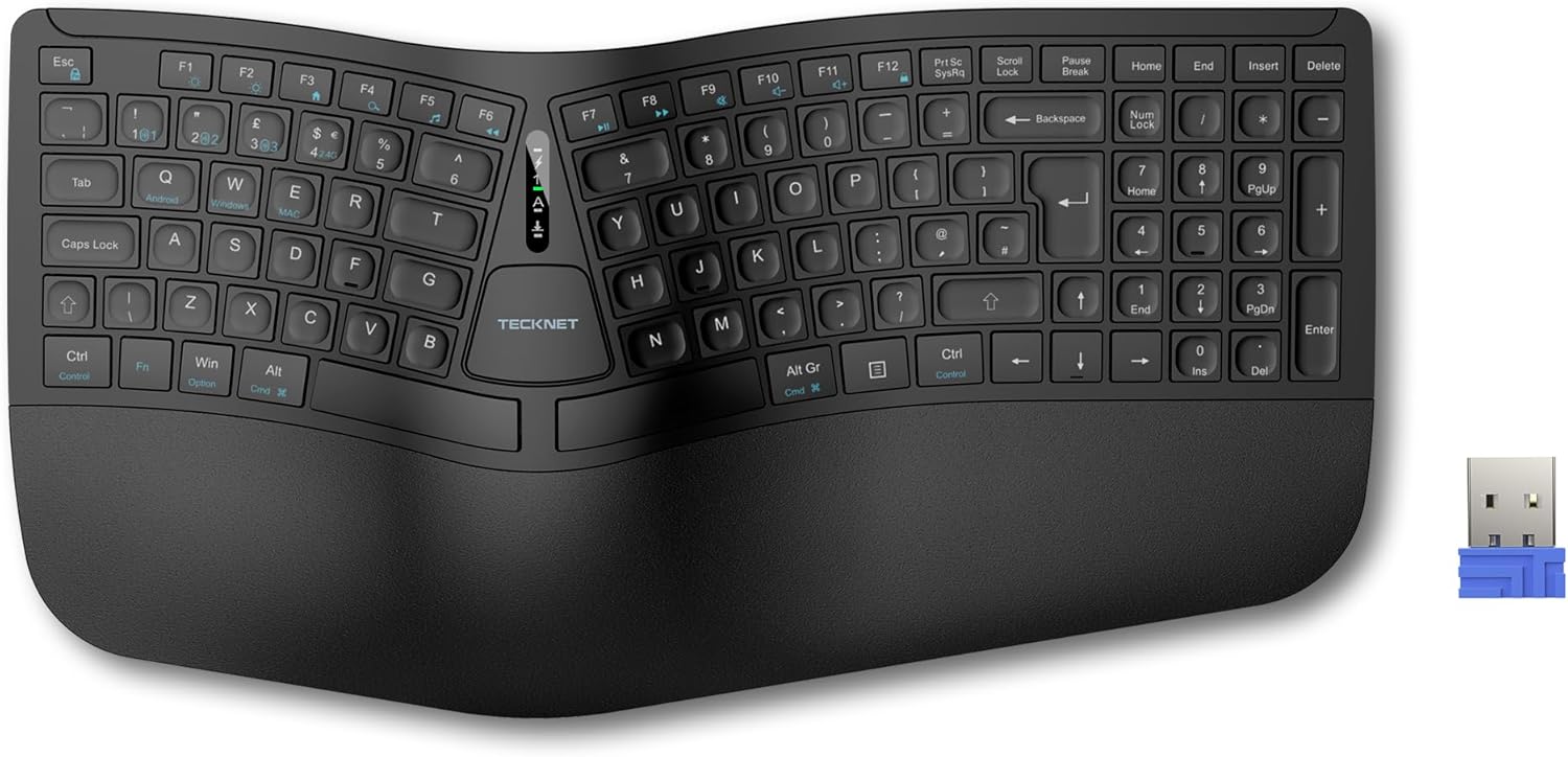 TECKNET Wireless Ergonomic Keyboard, 2.4G USB & Bluetooth Rechargeable Keyboard, Wrist Rest, Natural Typing, Stain-Resistant Fabric, Ergonomic Split Keyboard Compatible for Windows Computer Laptop