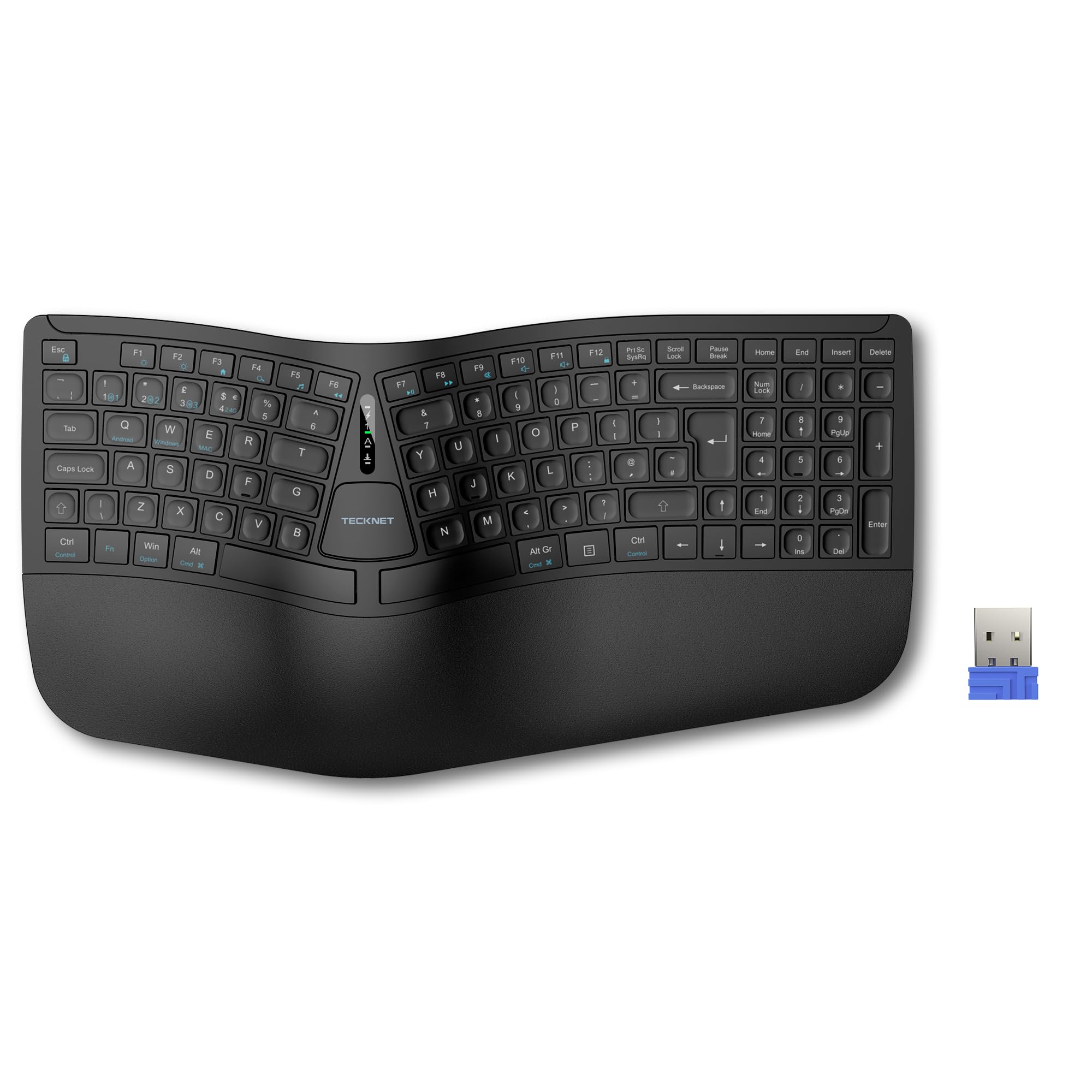 TECKNET Wireless Ergonomic Keyboard, 2.4G USB & Bluetooth Rechargeable Keyboard, Wrist Rest, Natural Typing, Stain-Resistant Fabric, Ergonomic Split Keyboard Compatible for Windows Computer Laptop