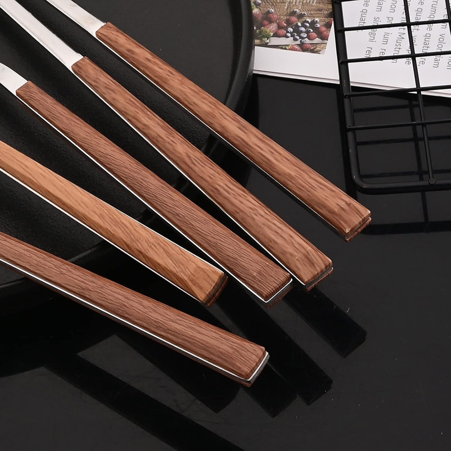 JASHII 24pcs Reusable Flatware Silverware Set, Silver Stainless Steel Knife Fork Spoon Chopstick Straw Set with Square Wooden Handle,Service for 4, Include 1 Brush, Dishwasher Safe.