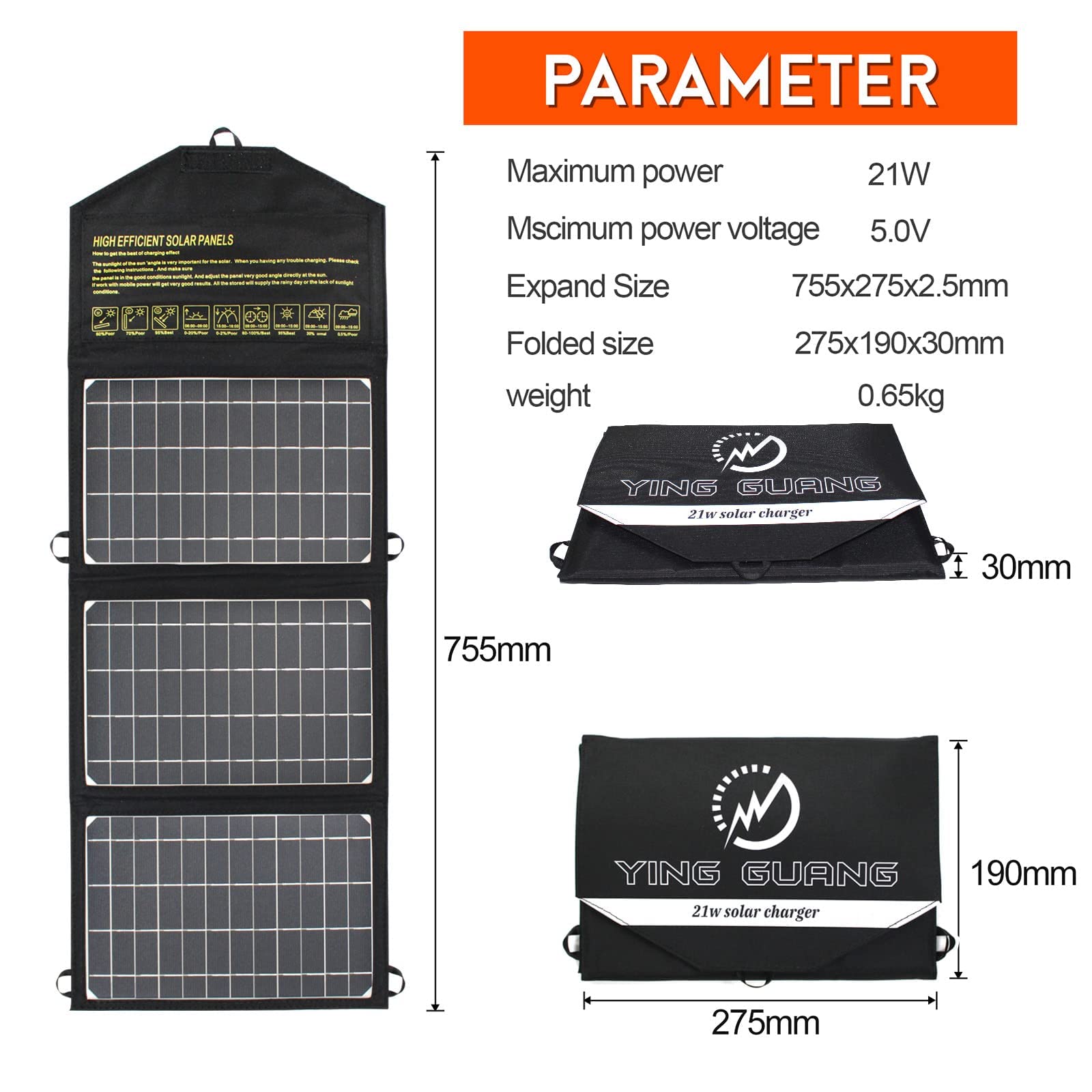 Caricatore Solare Portatile 21W Impermeabile pannello solare pieghevoli 2 porte USB powerbank solare per telefoni cellulari, tablet e altri dispositivi digitali