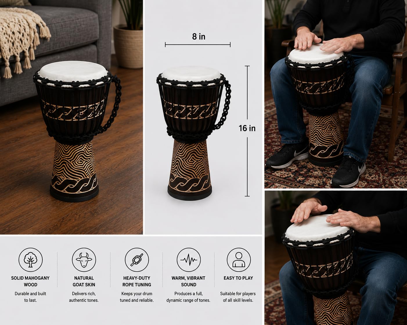 Djembe estándar linecarv, 16 cm de alto, 8 "Cabeza, nk047