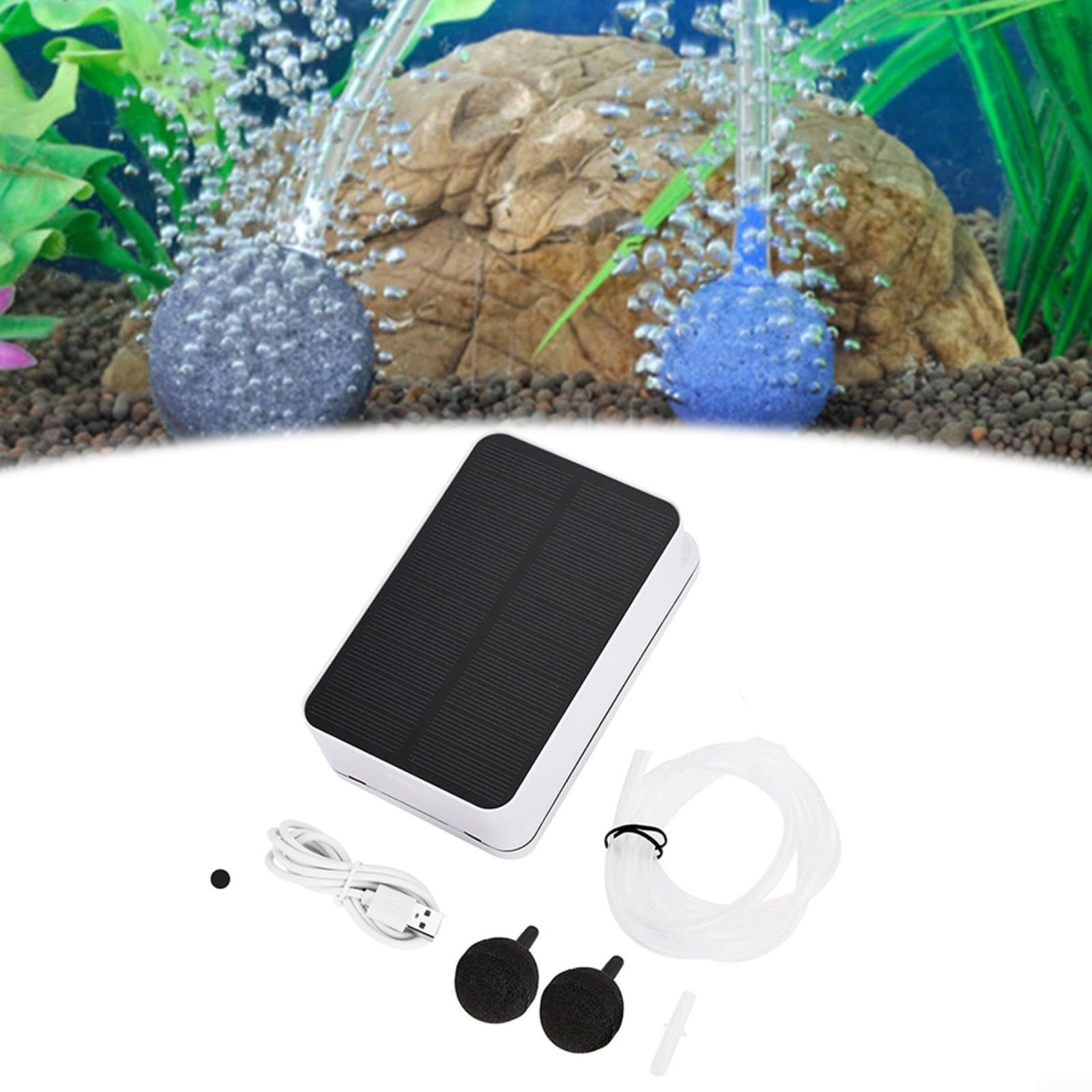 Pompa ad aria ad energia solare per acquari, batteria da 2200 mAh con durata di 20 ore, pannello solare pieghevole 5 V/290 mA, doppia ricarica USB/DC, funzionamento silenzioso da 50 dB, include tubi e