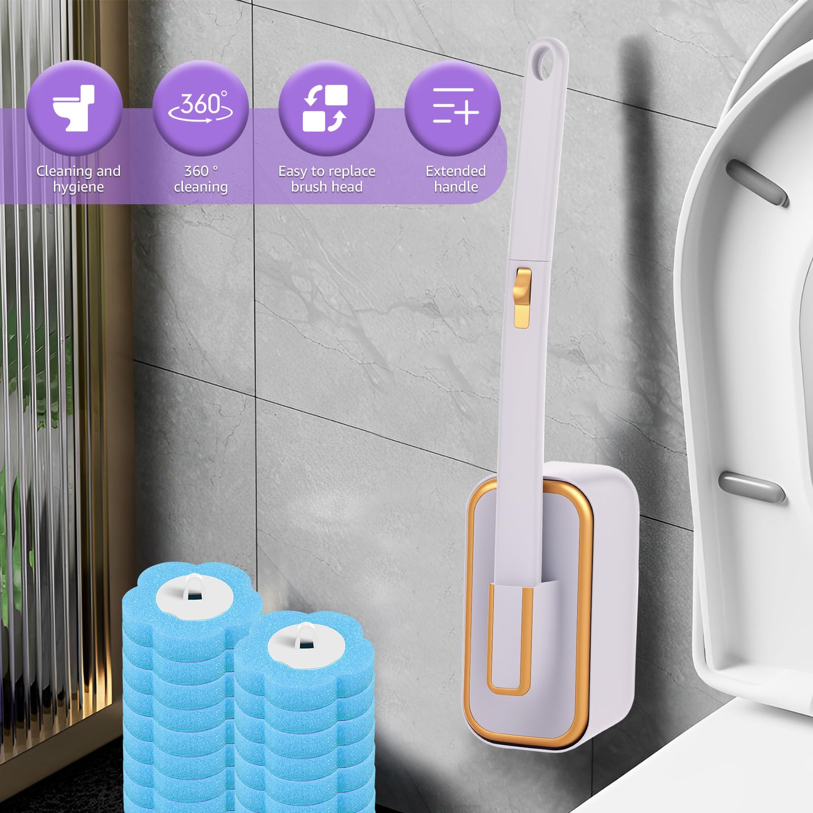 Einweg-WC-Bürsten-Set mit 18 Ersatzköpfen, einfache Installation, langer Griff, Toilettenschüssel-Reinigungssystem für mühelose Badezimmerreinigung (blau)