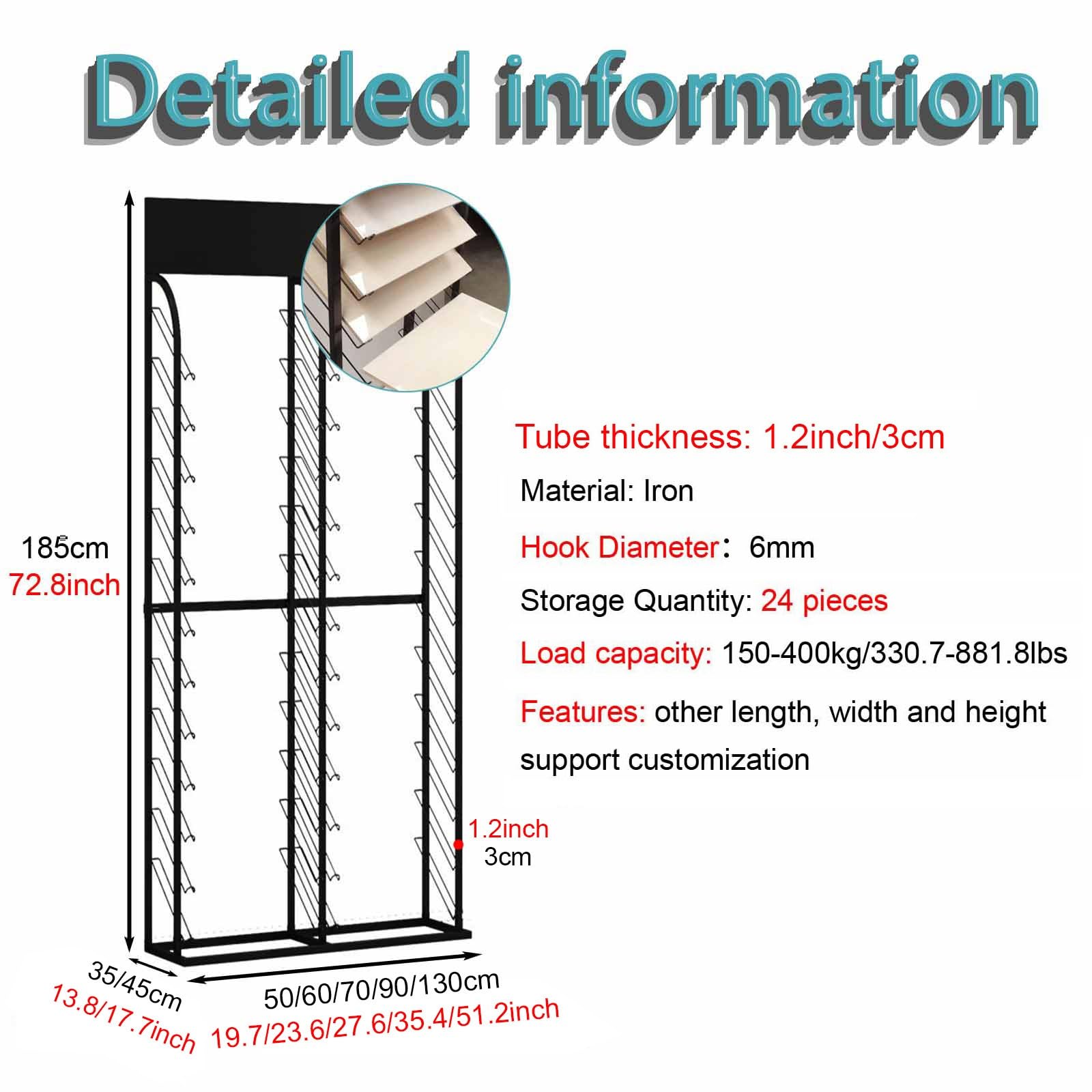 Espositore per Campioni con ripiano Personalizzabile per Porta, Dotato di 24 Scomparti per Carte, ripiano da Pavimento in Metallo e Porcellana per Negozi al DET,L X W-51.2x13.8inch/130x35cm