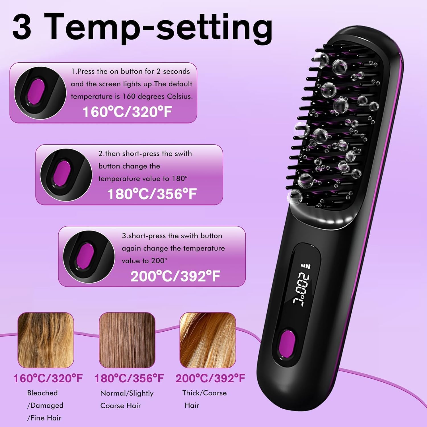 Brosse coiffante pour cheveux courts, brosse à cheveux électrique, brosse lissante sans fil avec affichage LED, 3 niveaux de température, portable, pour cheveux lisses et bouclés, idéale pour les