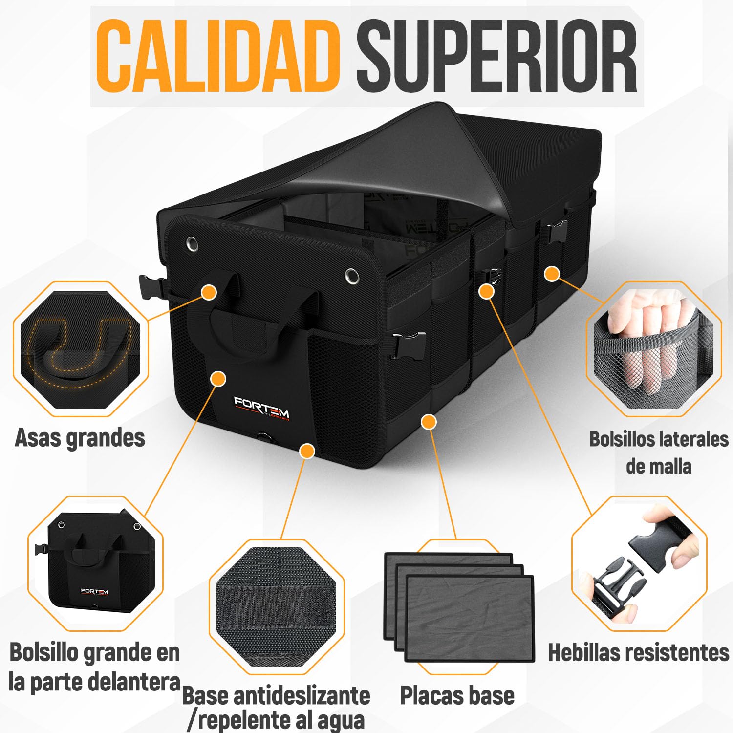 FORTEM Organizador Maletero SUV, Caja Plegable con Compartimentos, Accesorios Auto Mujer Hombre, Tela Oxford 1680D, Base Antideslizante, Correas Ajustables, Tapa Suave (90L)