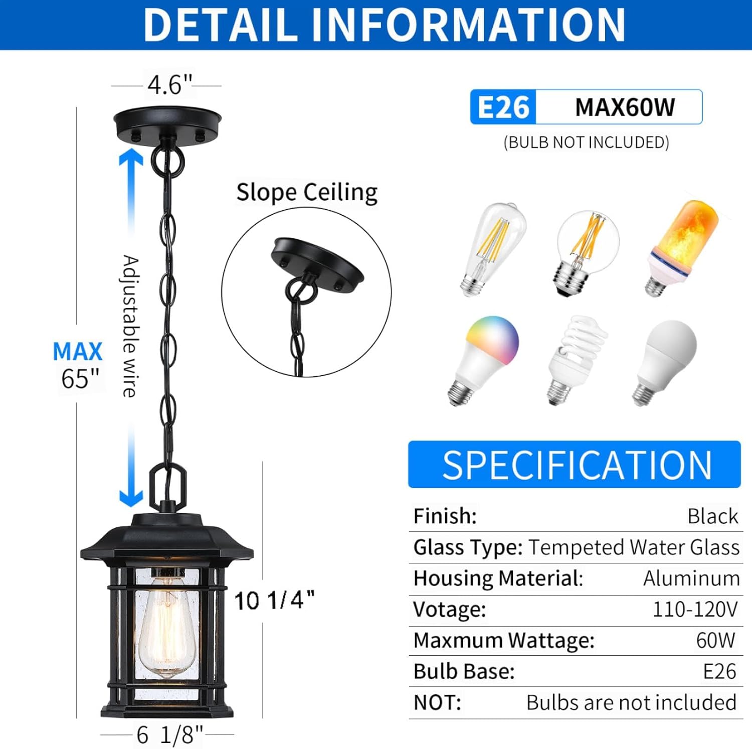 Outdoor Pendant Lights for Porch, Black Exterior Hanging Lanterns, Farmhouse Ceiling Light Fixture, Waterproof Tempered Seed Glass Outdoor Chandelier, 1Pack
