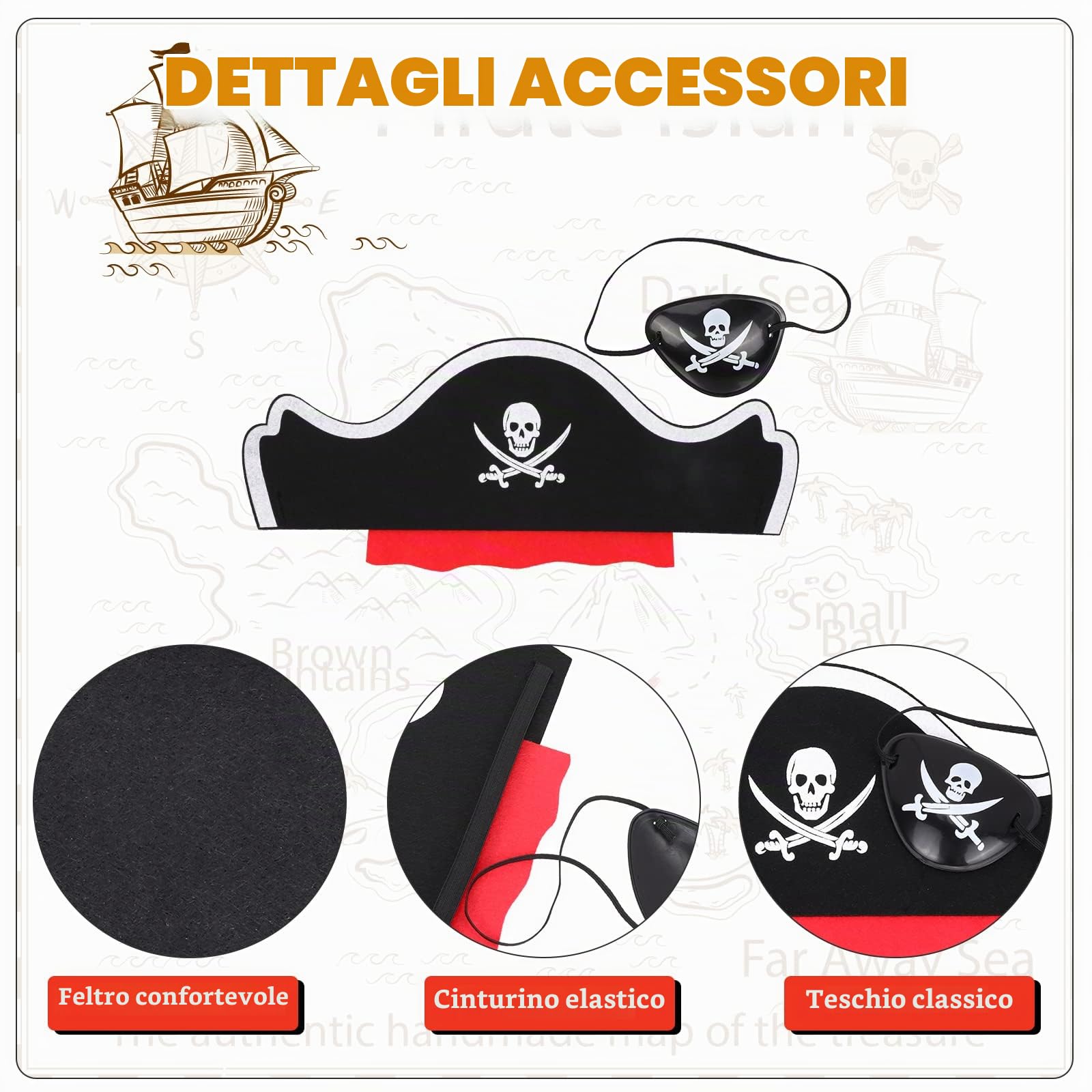 Hifot 29 Pezzi Accessori Costume da Pirata, Pirata Cappello Capitano Binocolo Monete Collana Benda sull'Occhio da Pirata Halloween Carnevale Feste Pirata Cosplay per Bambini Adulti
