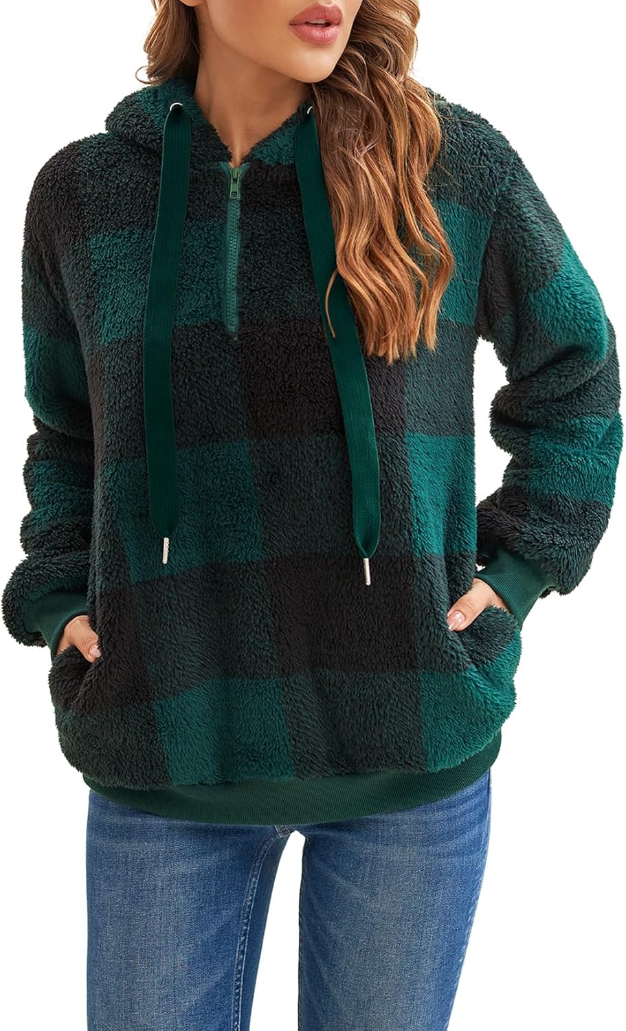 Nirovien Womens Sherpa Pullover Oversized Fuzzy Hoodie Double Fleece Sweatshirts Fluffy Plaid Outerwear Warm Coats - Image 7