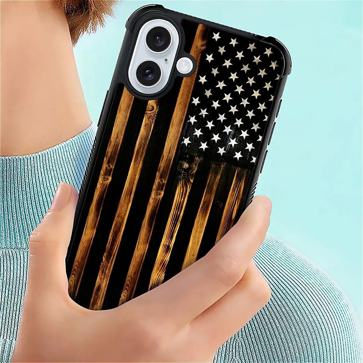 DJSOK Case for iPhone 16,Luxury Pattern Design Shockproof Rugged Cover,Cases for Man Woman-Classic Wood Grain Old Flag - Image 7