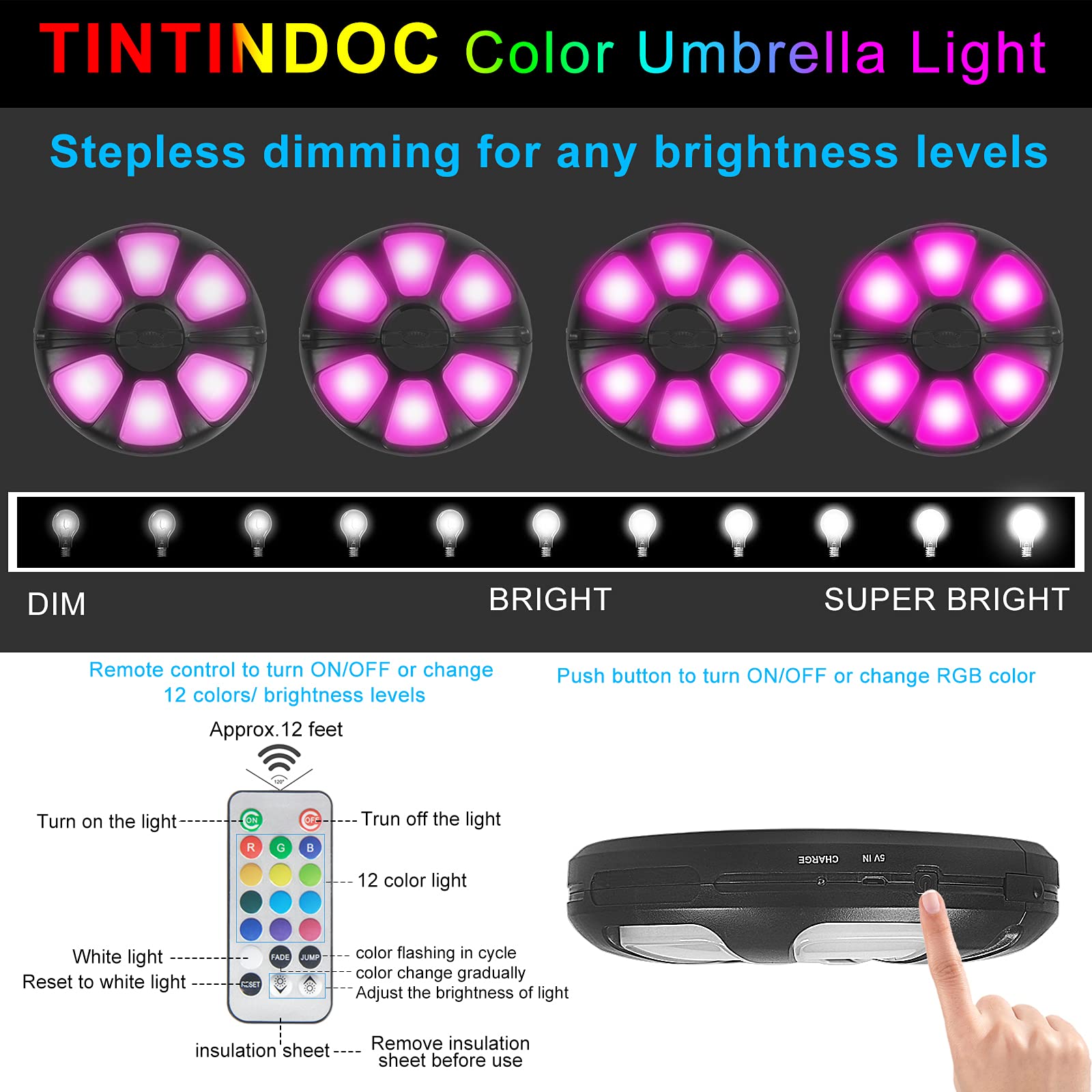 Lampe de parasol colorée avec télécommande pour parasol de terrasse rechargeable/pile AA 300 lumens/intensité variable en continu pour table de patio
