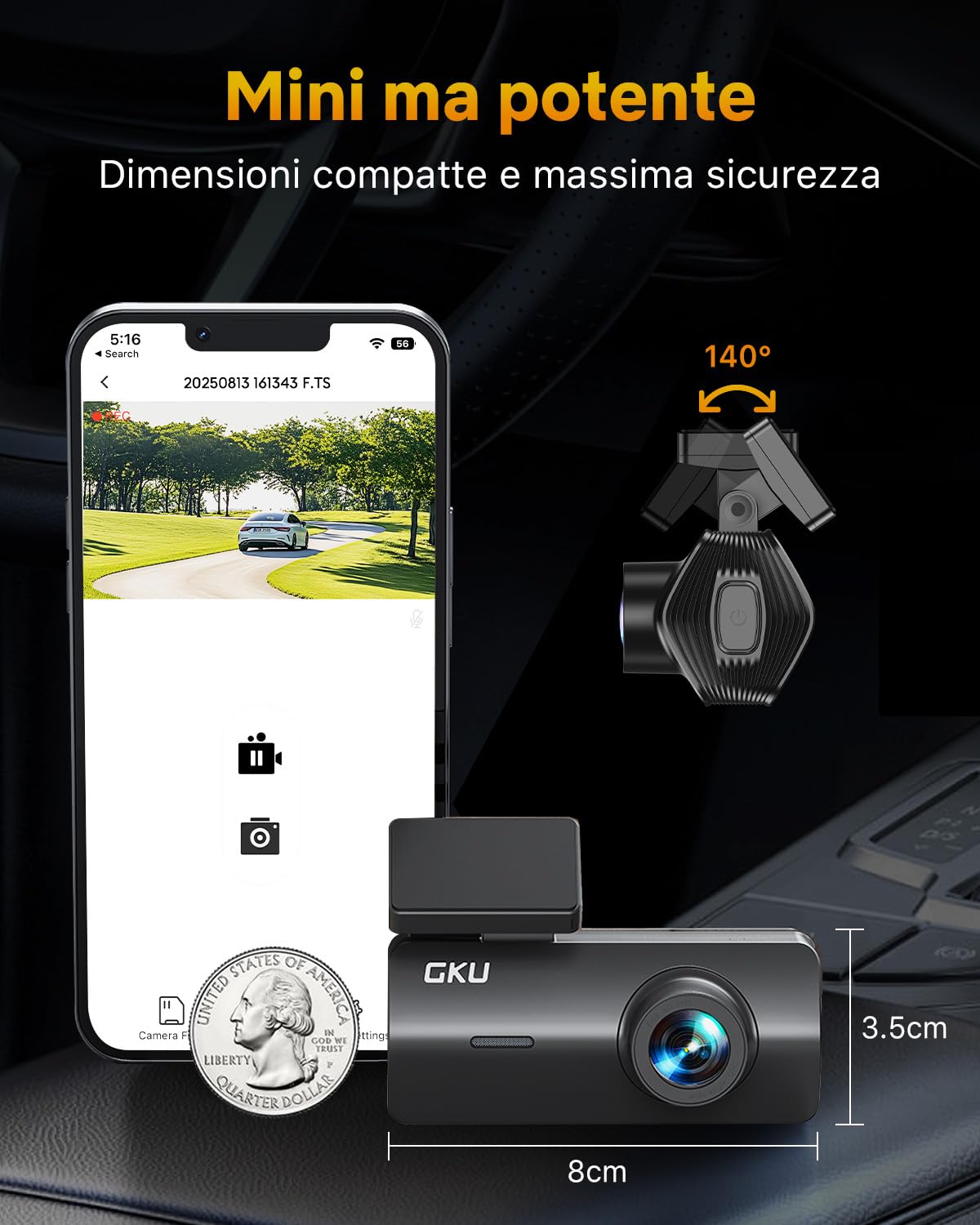 GKU Dash Cam Auto 4K,Dash Cam con UHD 2160P,DashCam Auto con WiFi integrato,Scheda SD 64G,24H Parking Monitor DashCam,Super Visione Notturna,170°Grandangolo,WDR,G-Sensor,Registrazione in Loop,Max 256G