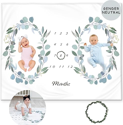 KEMINA BLANKETS Twins - Manta mensual para bebé, manta de forro polar suave para el mes del bebé, diseño floral de eucalipto, género neutro para