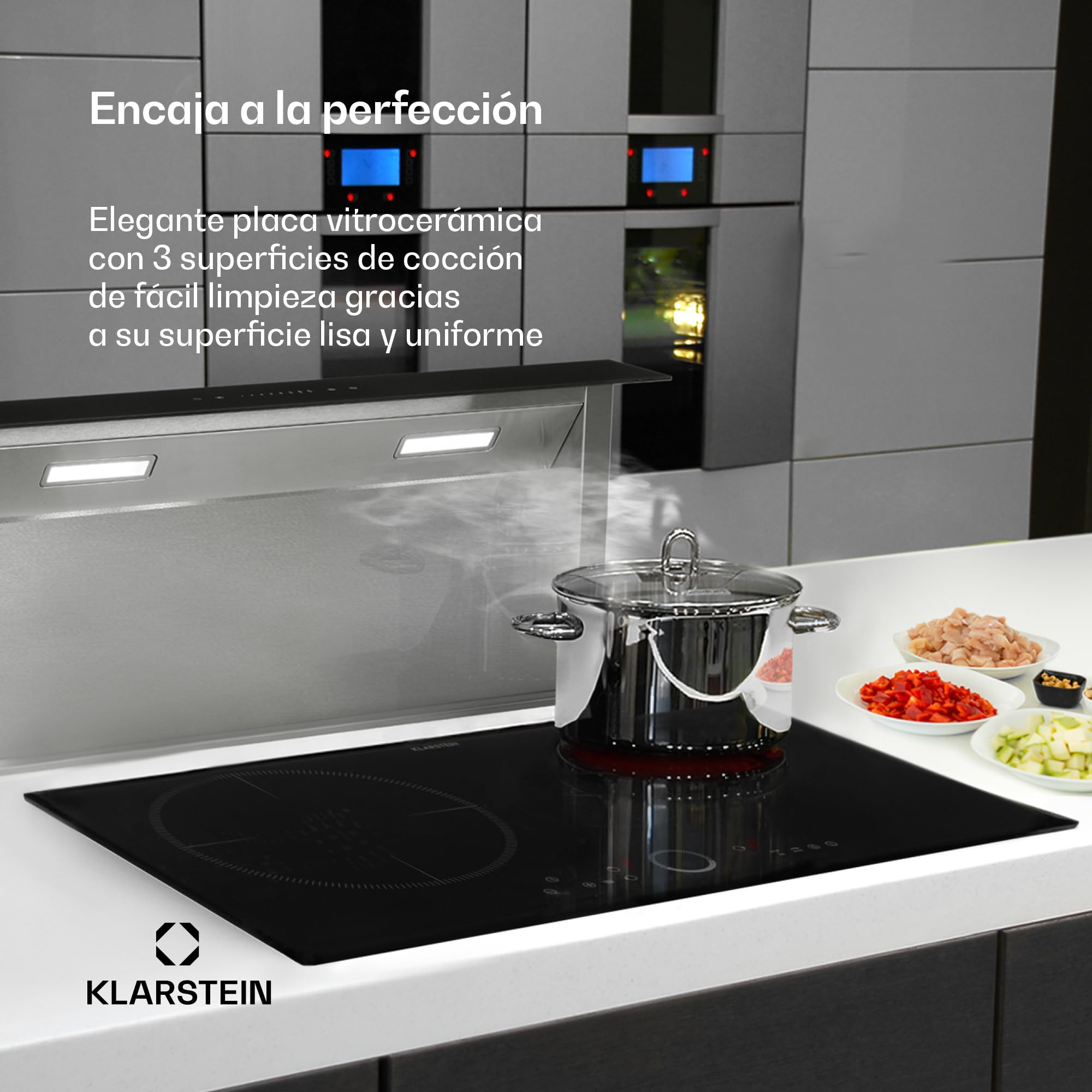 Klarstein Placa Induccion Eléctrica, 5800W, Vitrocerámica Inducción Eléctrica de 3 Fuegos, Placas de Cocción de Sobremesa, Control Táctil, Placas de Cocción de Inducción, Eléctricas para Cocinar