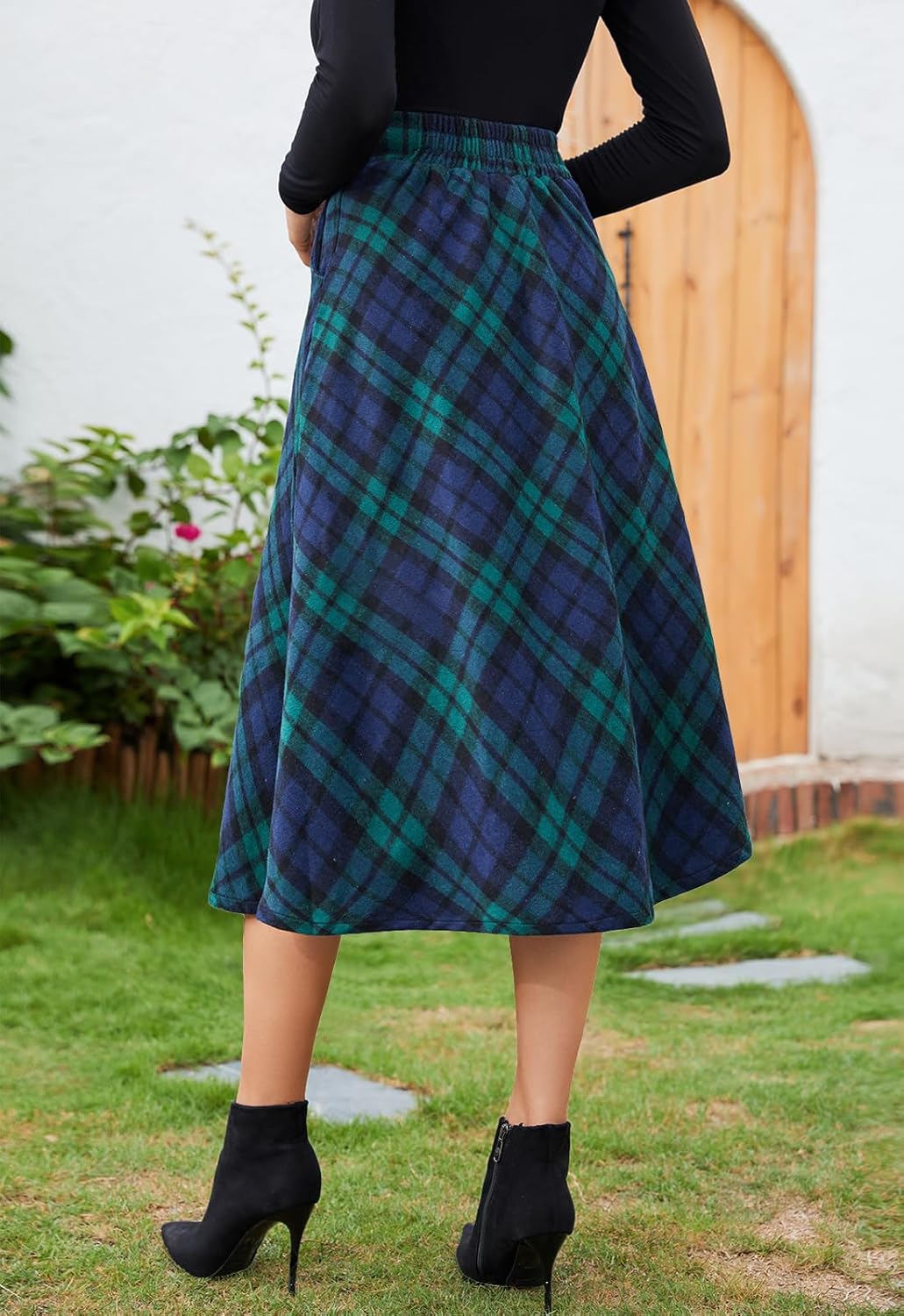 Women’s Midi Plaid Skirt High Elastic Waist A-line Vintage Flowy Winter Warm Long Skirts for Women with Pocket - Image 3