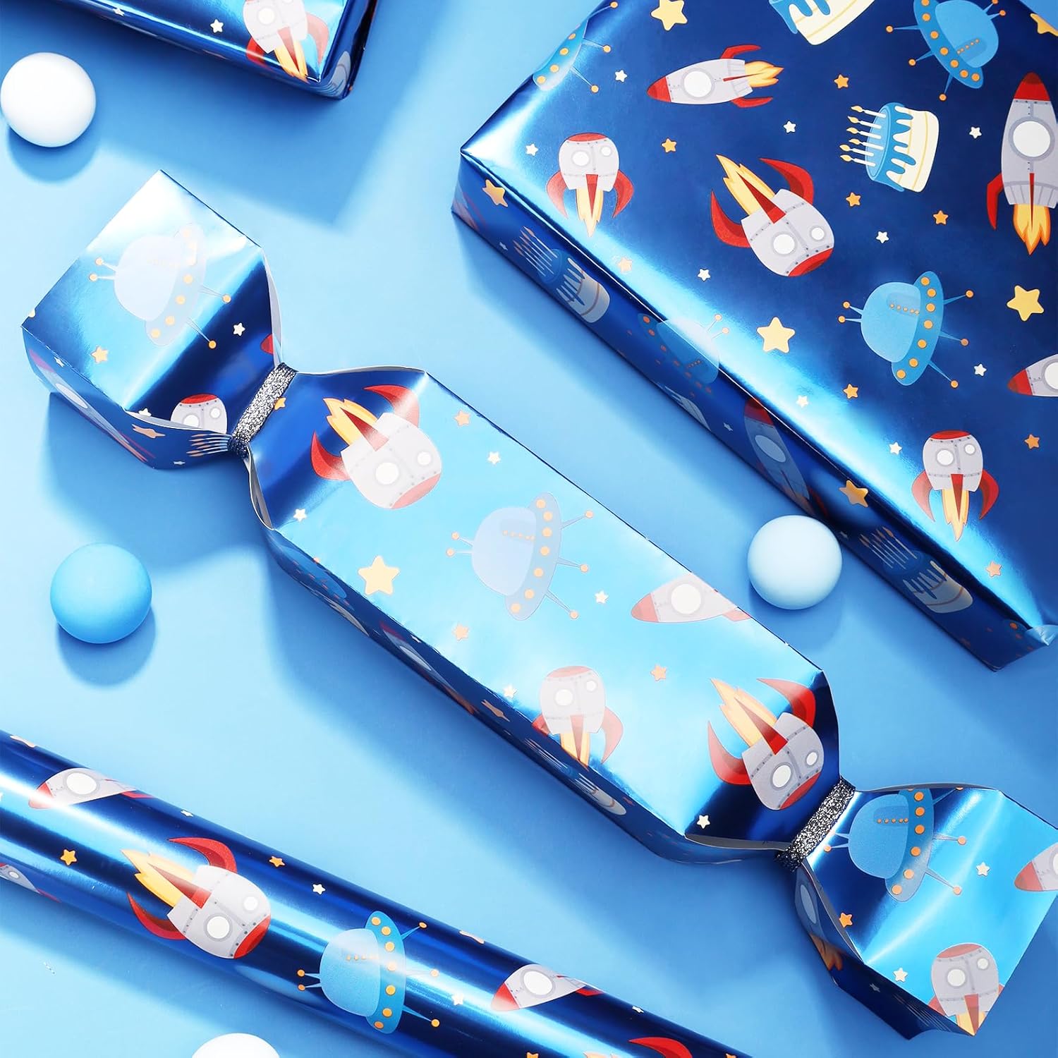 Space Wrapping Paper Mini Roll, Blue Spaceship and Birthday Cake