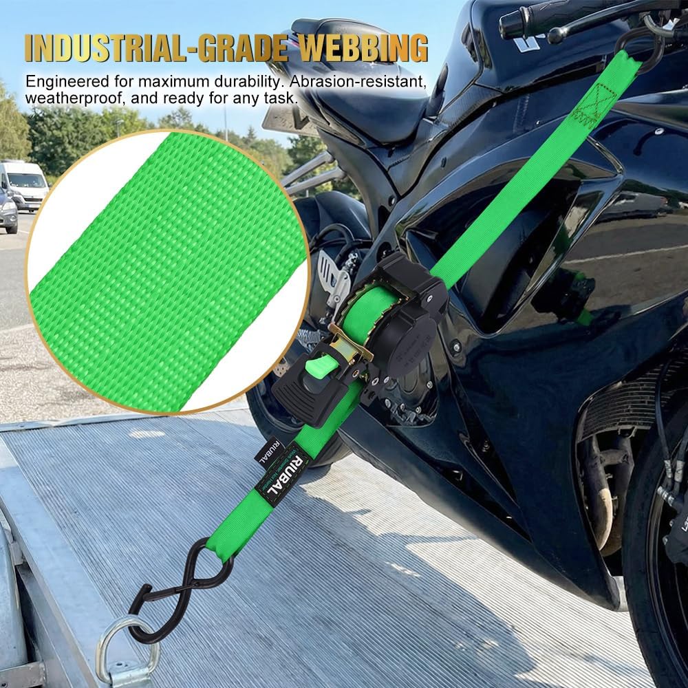 Retractable Ratchet Straps (4-Pack) - 1 Inch x 10 Feet (1,764lb Break Strength) - Auto Self Retracting Tie Down Straps Heavy Duty for Motorcycle, ATV, UTV, Truck, Cargo Trailer – Green